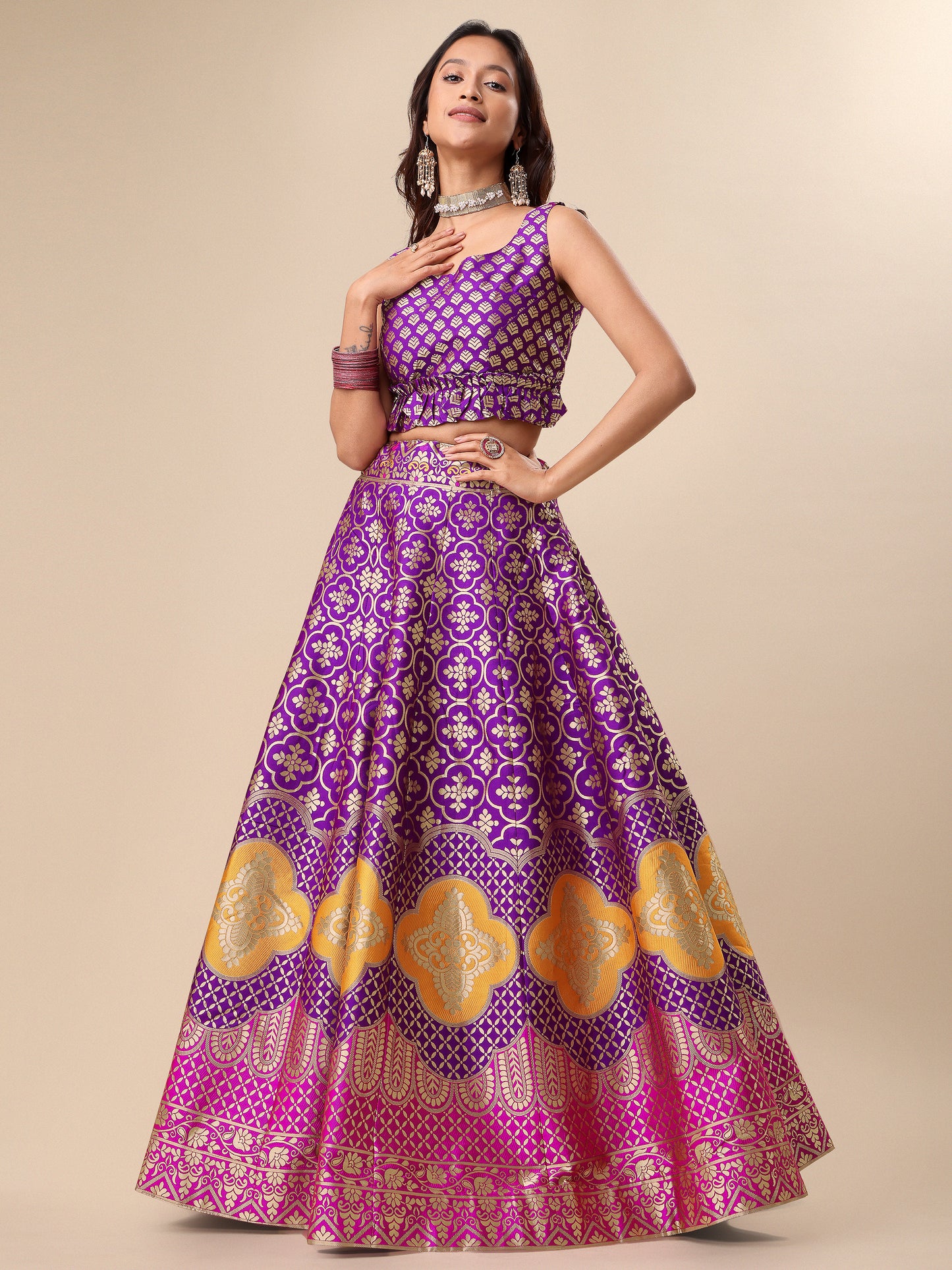 Garnish With Zari Motifs Wine Lehenga Choli