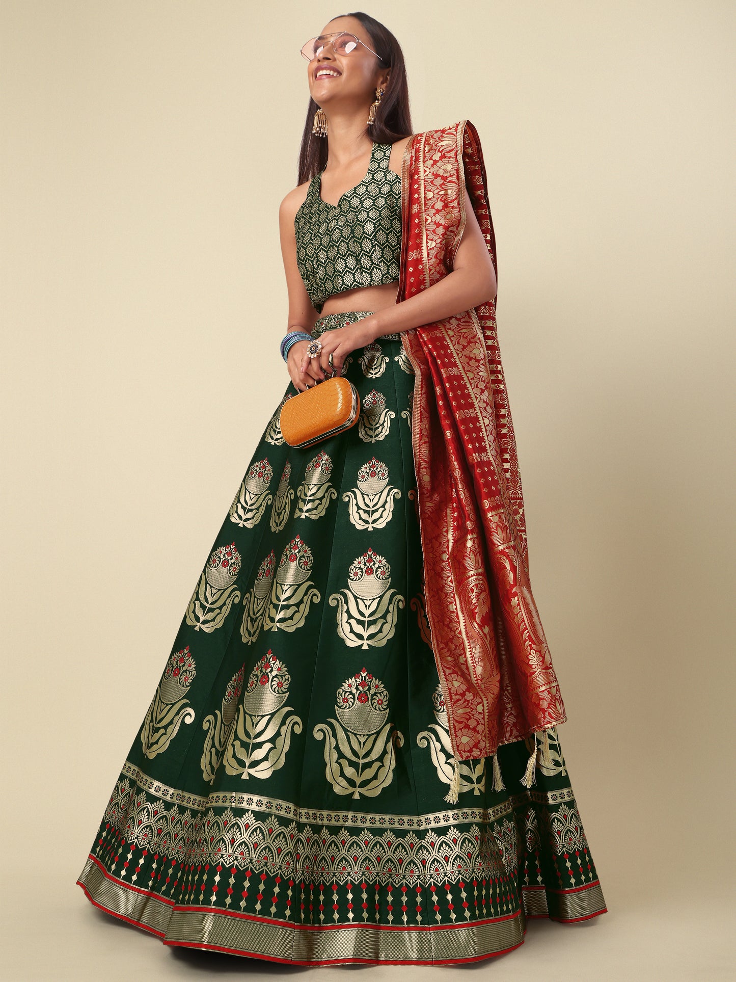 Classic Traditional Wear Dark Green Lehenga Choli