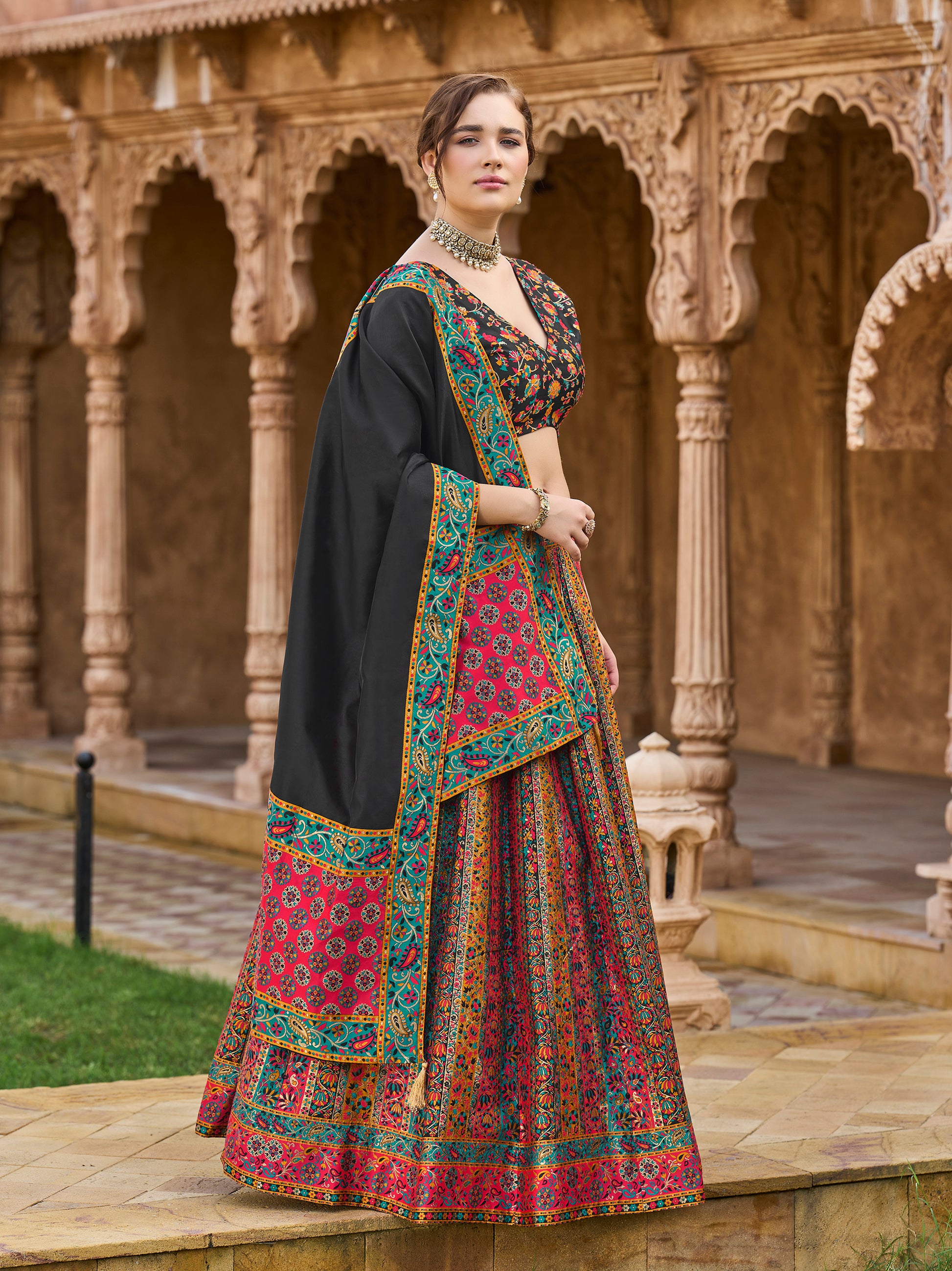 Women's Black Jacquard Crape Lehengas