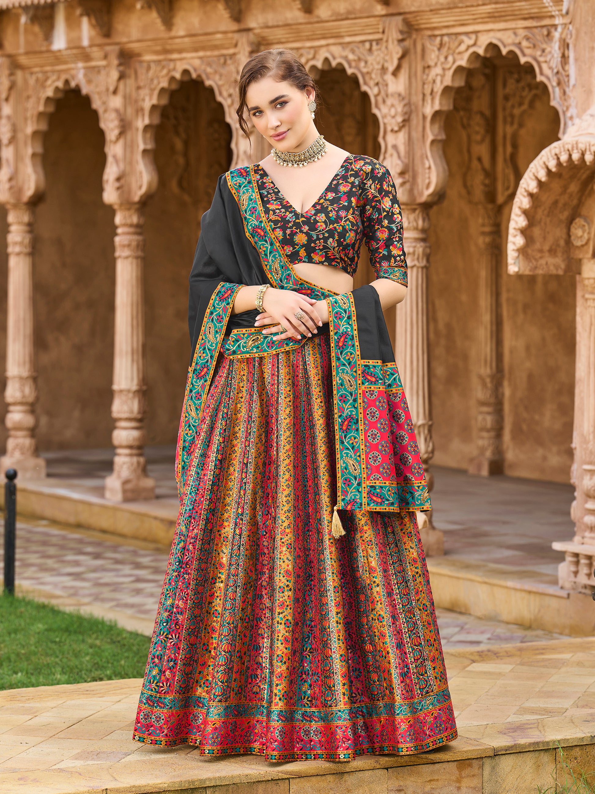 Women's Black Jacquard Crape Lehengas