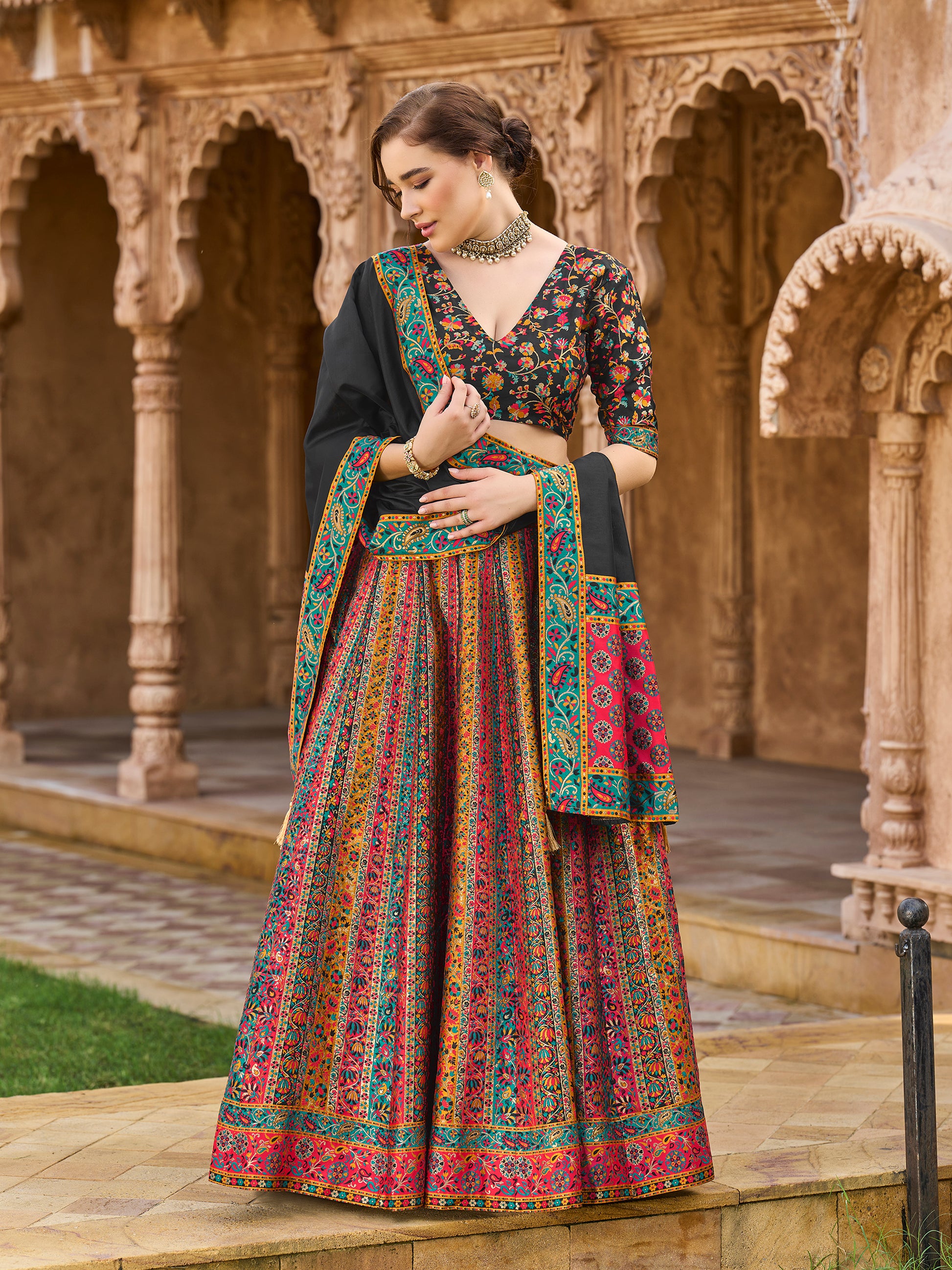 Women's Black Jacquard Crape Lehengas