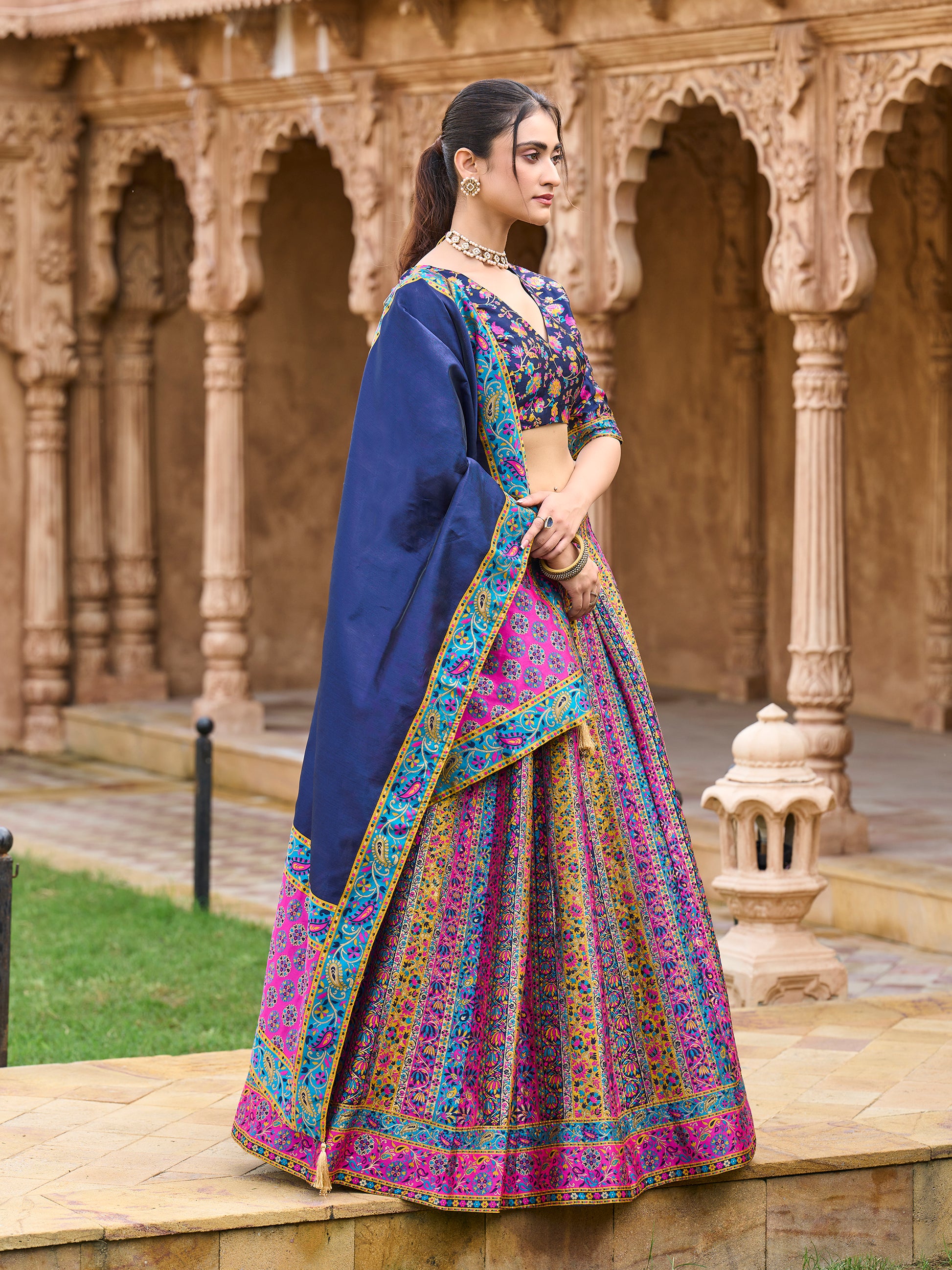 Women's Navy-Blue Jacquard Crape Lehengas