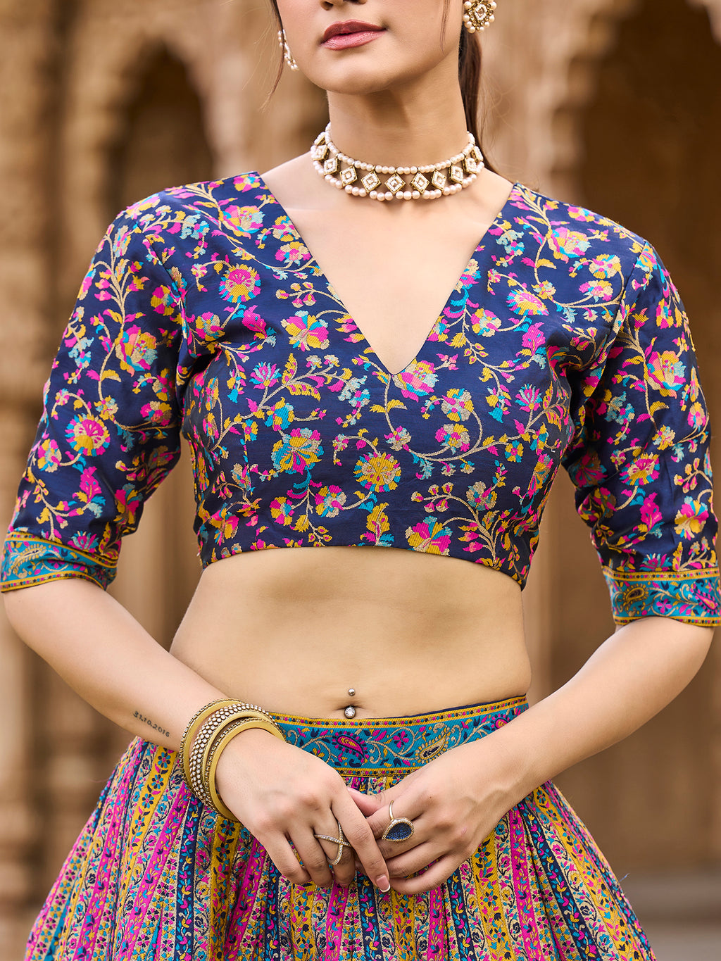 Women's Navy-Blue Jacquard Crape Lehengas