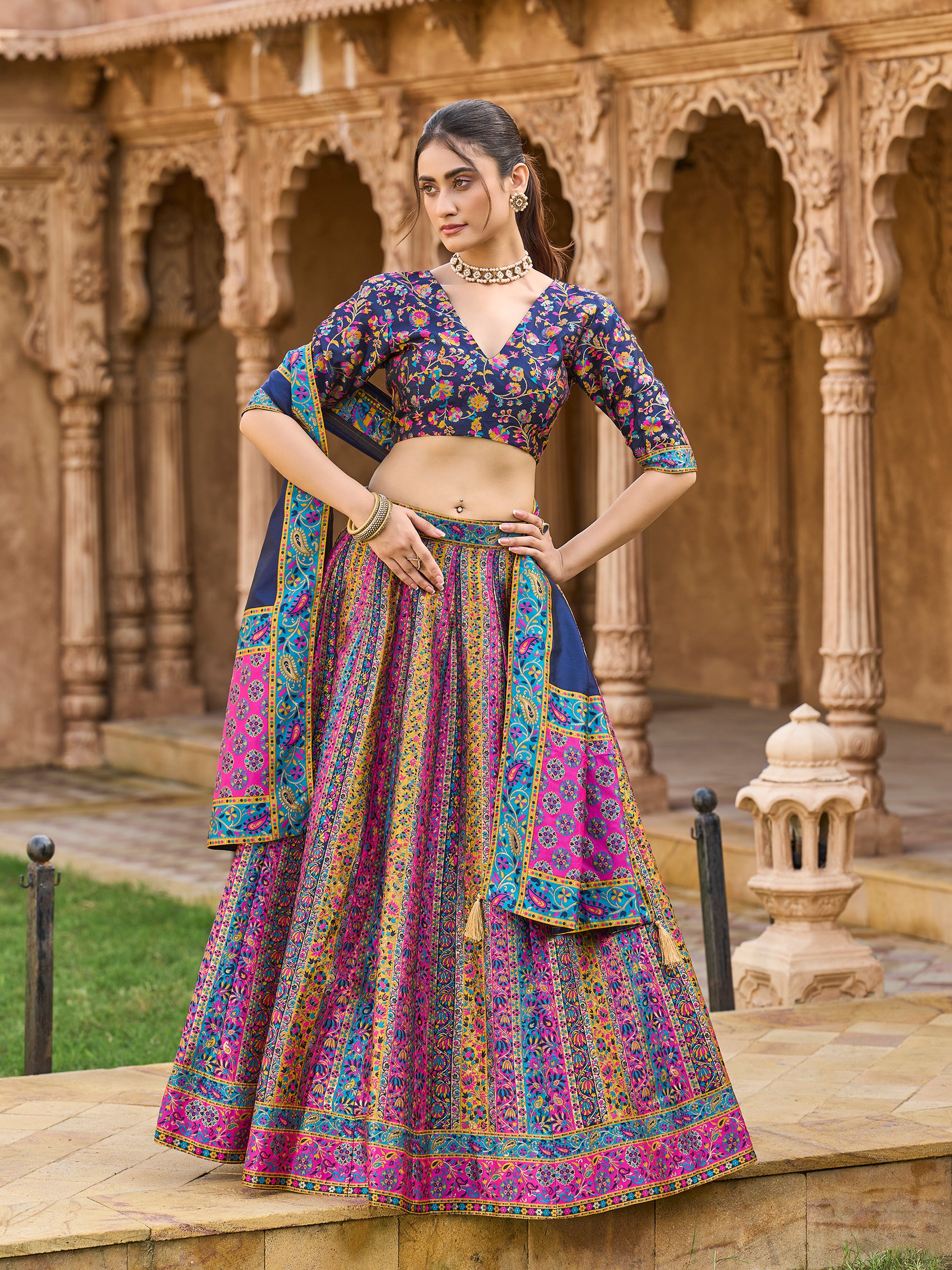 Women's Navy-Blue Jacquard Crape Lehengas