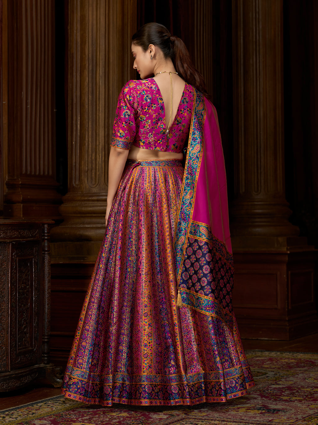 Women's Pink Jacquard Crape Lehengas