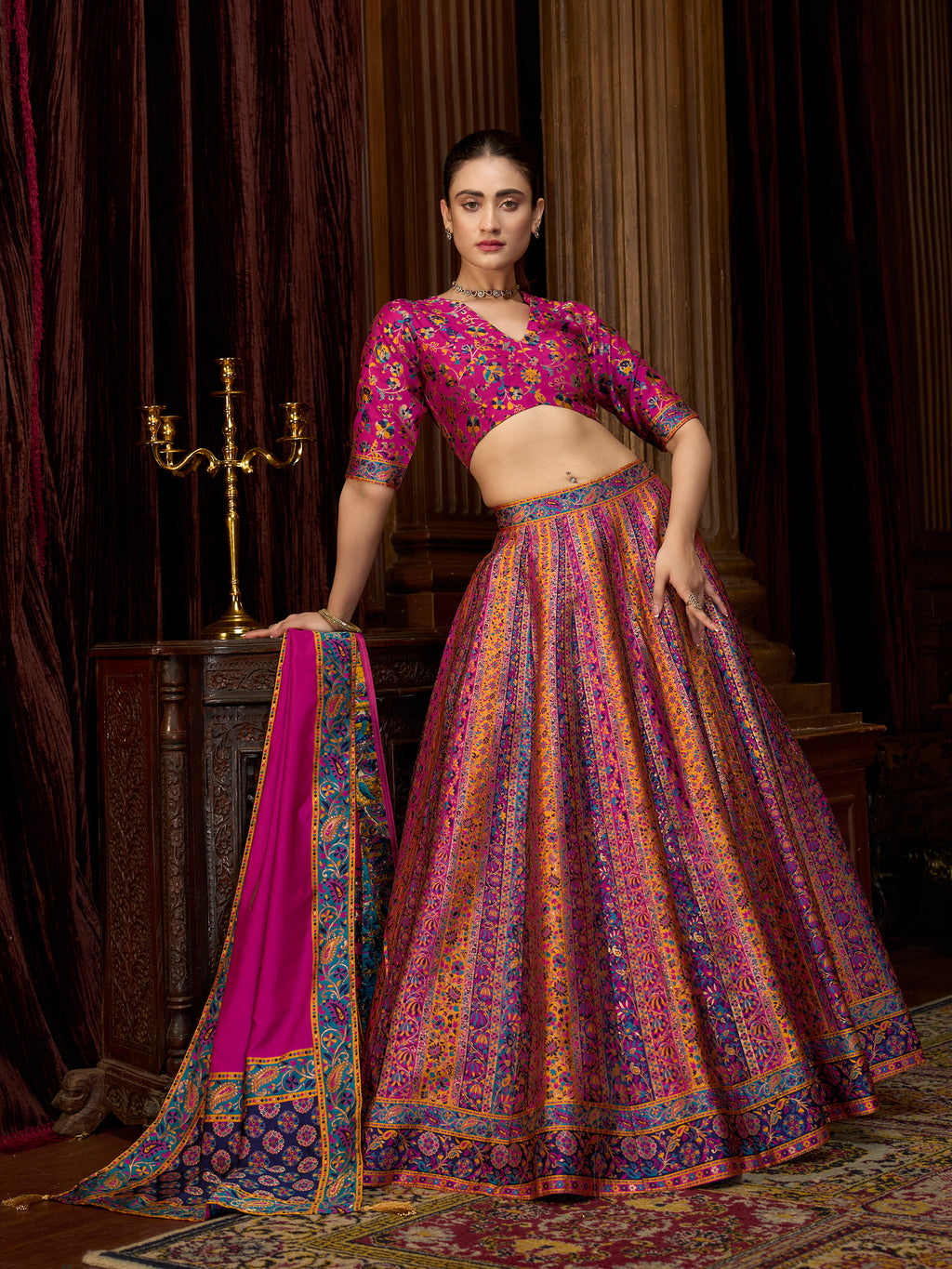 Women's Pink Jacquard Crape Lehengas