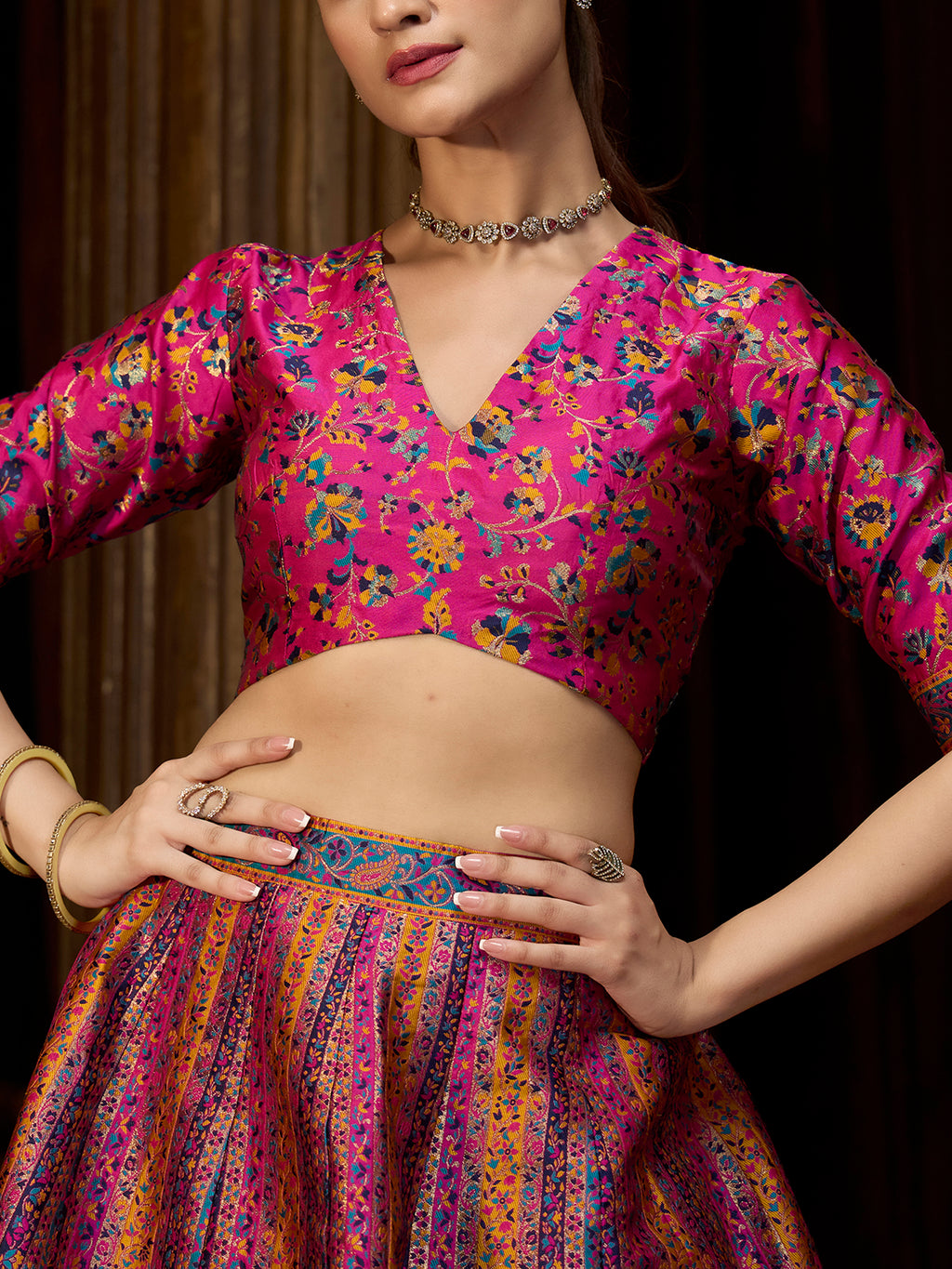 Women's Pink Jacquard Crape Lehengas