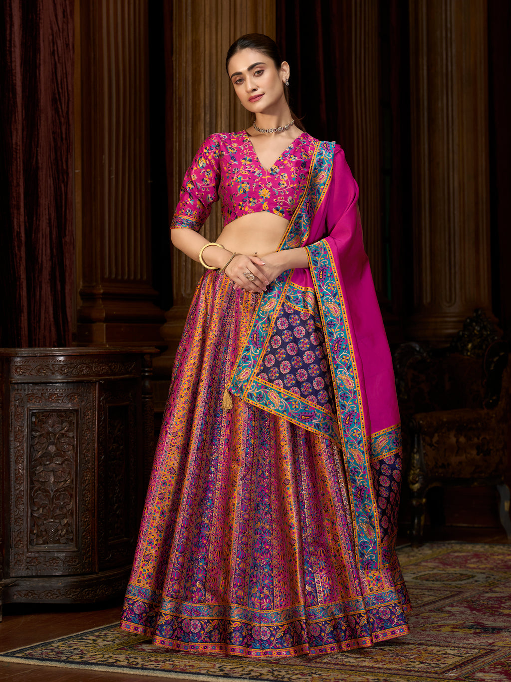 Women's Pink Jacquard Crape Lehengas