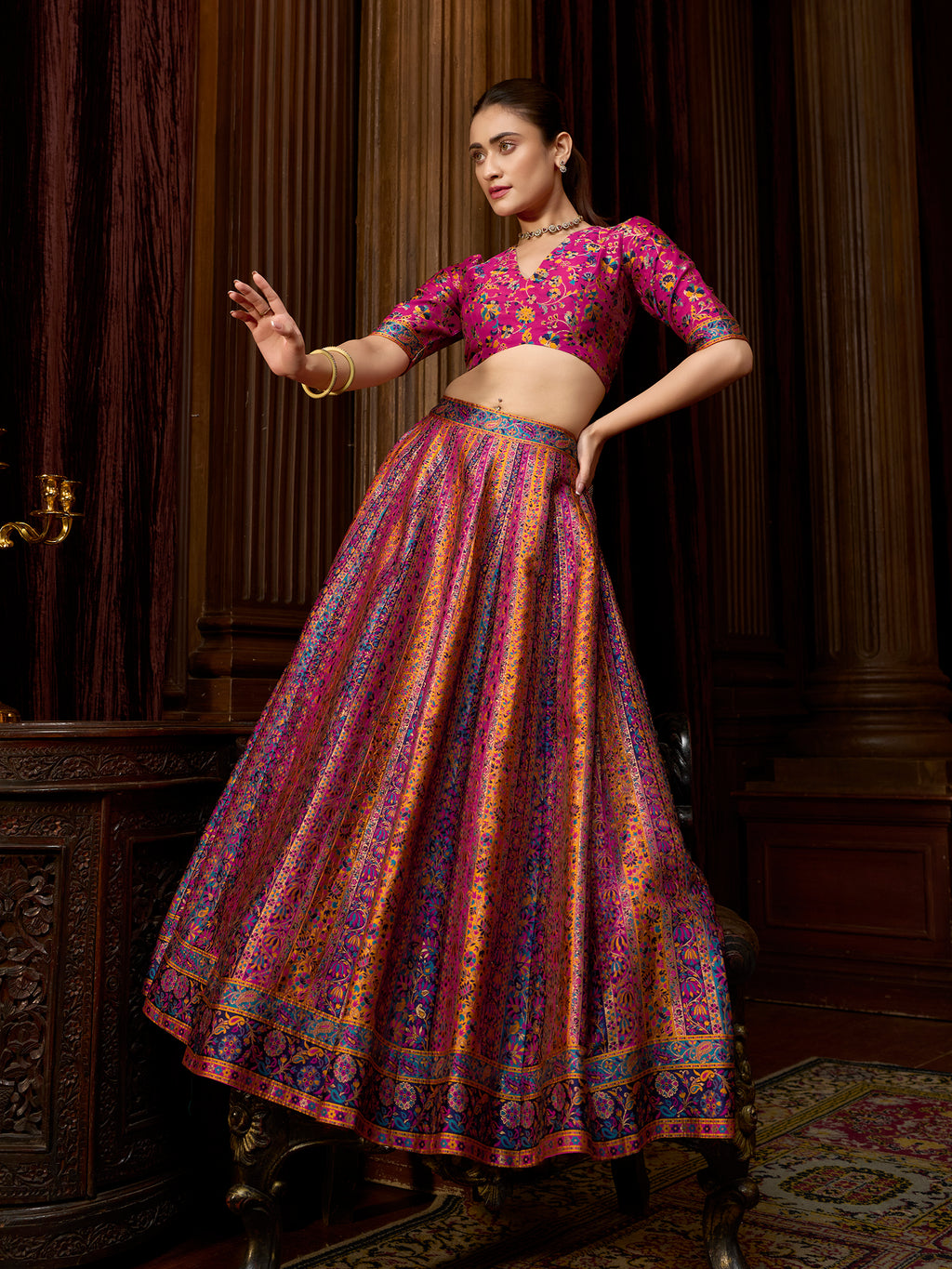Women's Pink Jacquard Crape Lehengas