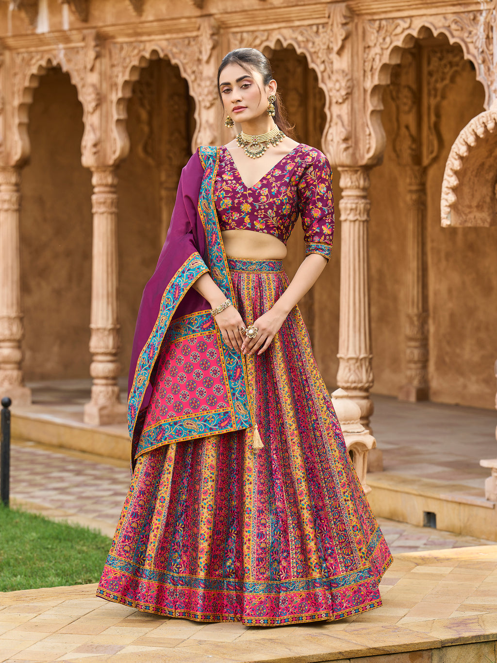 Women's Wine Jacquard Crape Lehengas