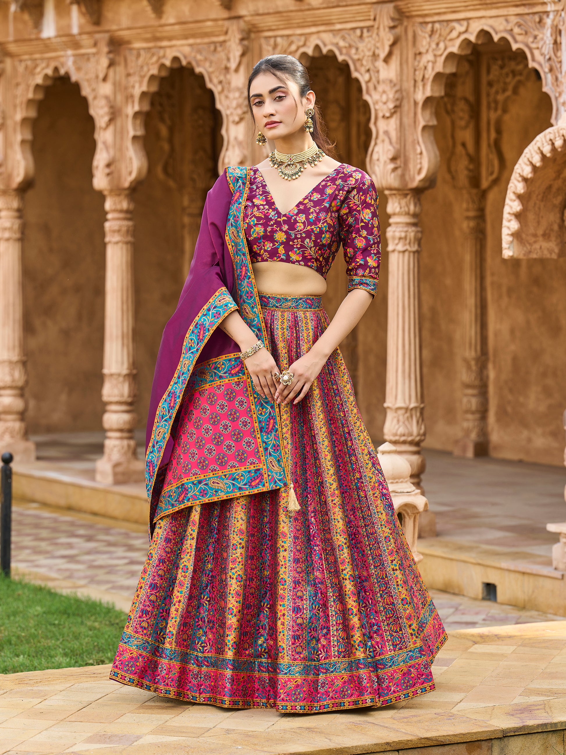 Women's Wine Jacquard Crape Lehengas
