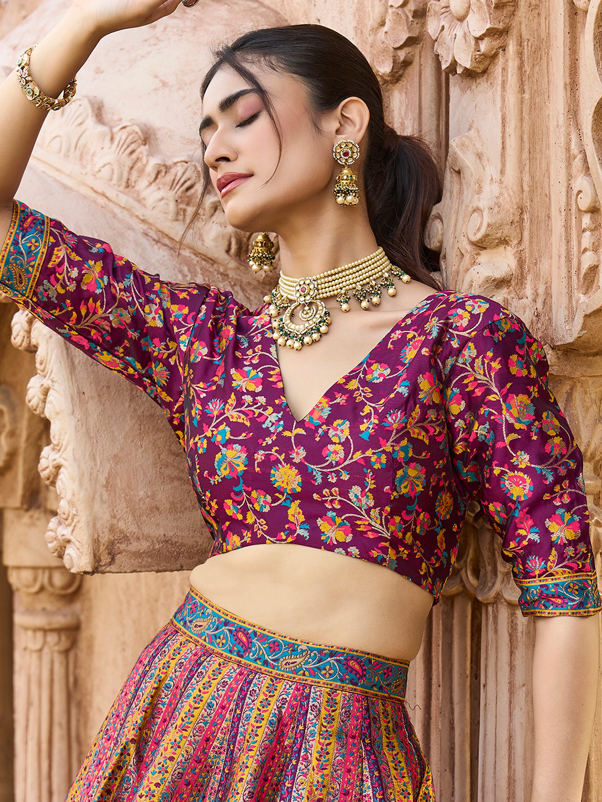 Women's Wine Jacquard Crape Lehengas
