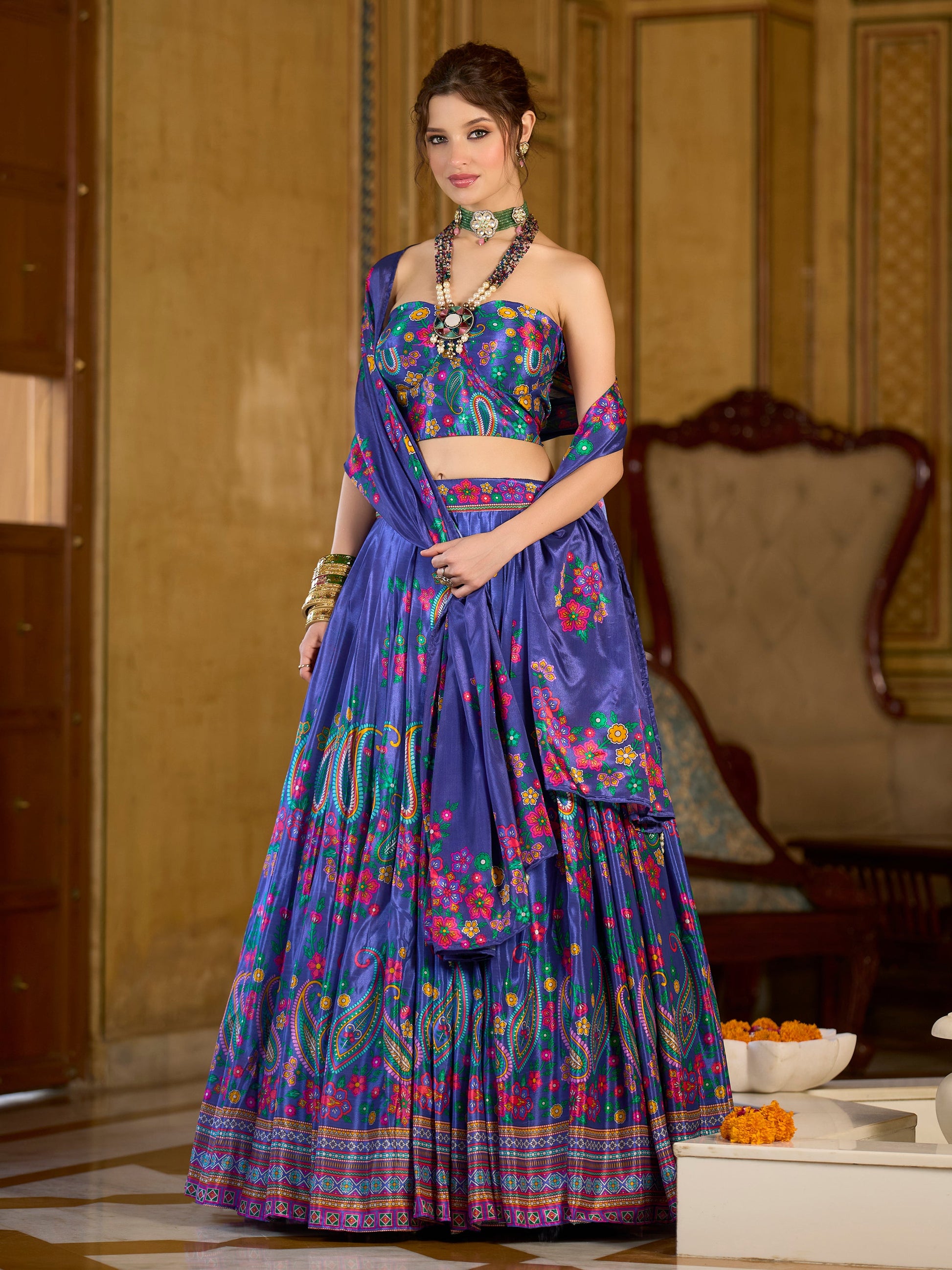 Women's Blue Chinon Lehengas