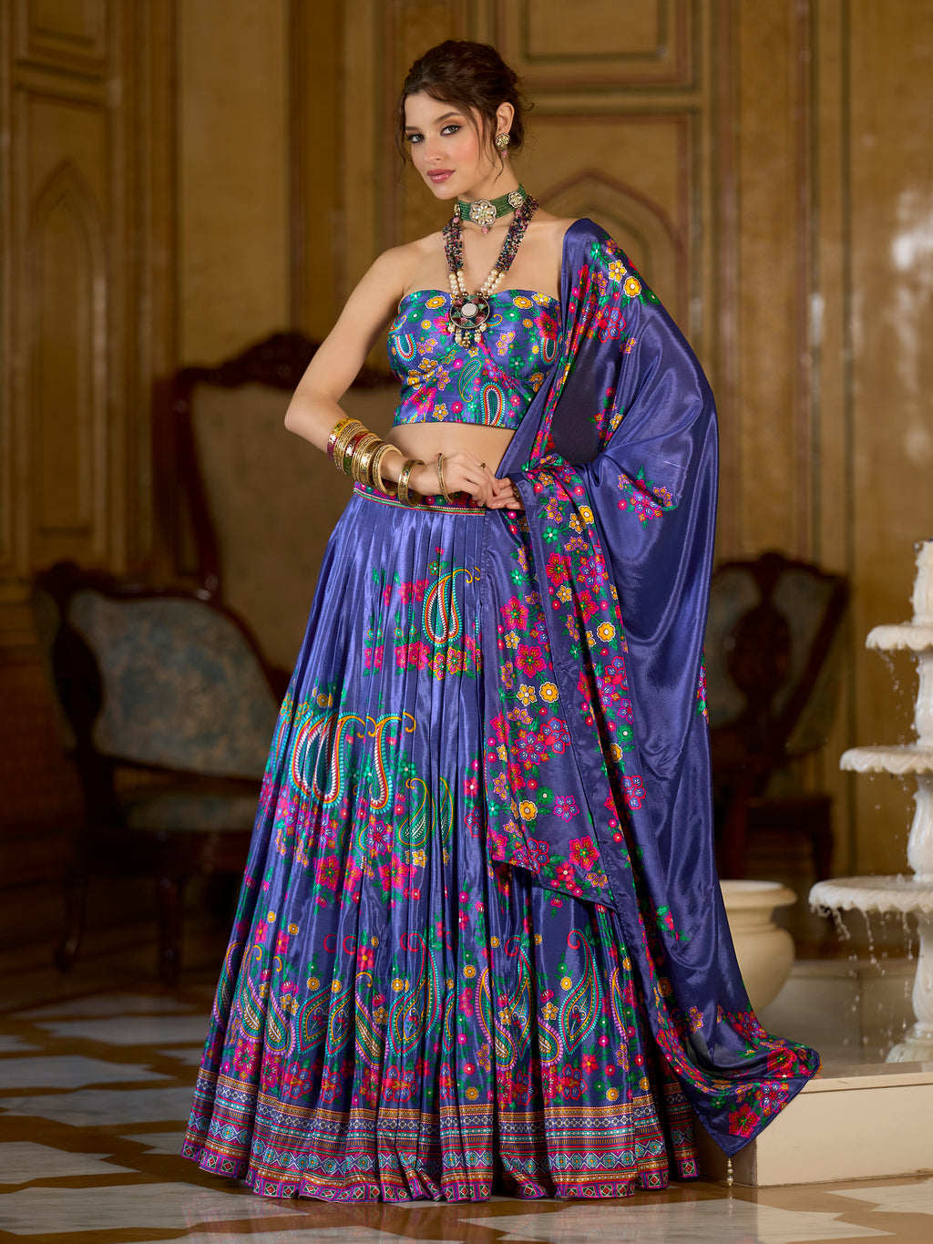 Women's Blue Chinon Lehengas