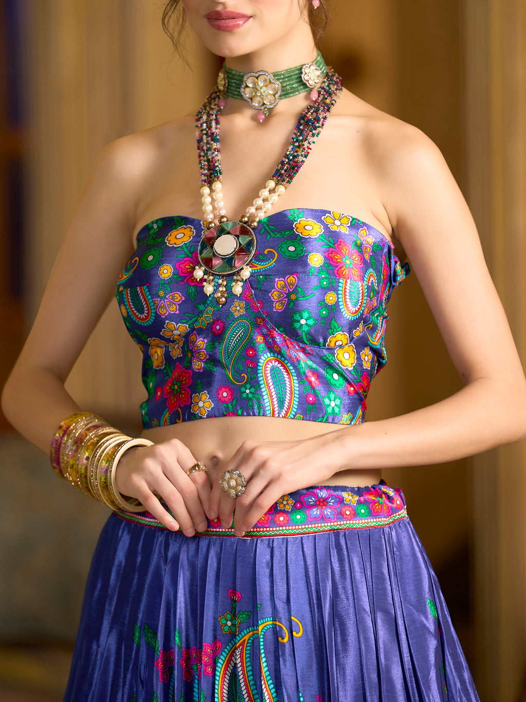 Women's Blue Chinon Lehengas