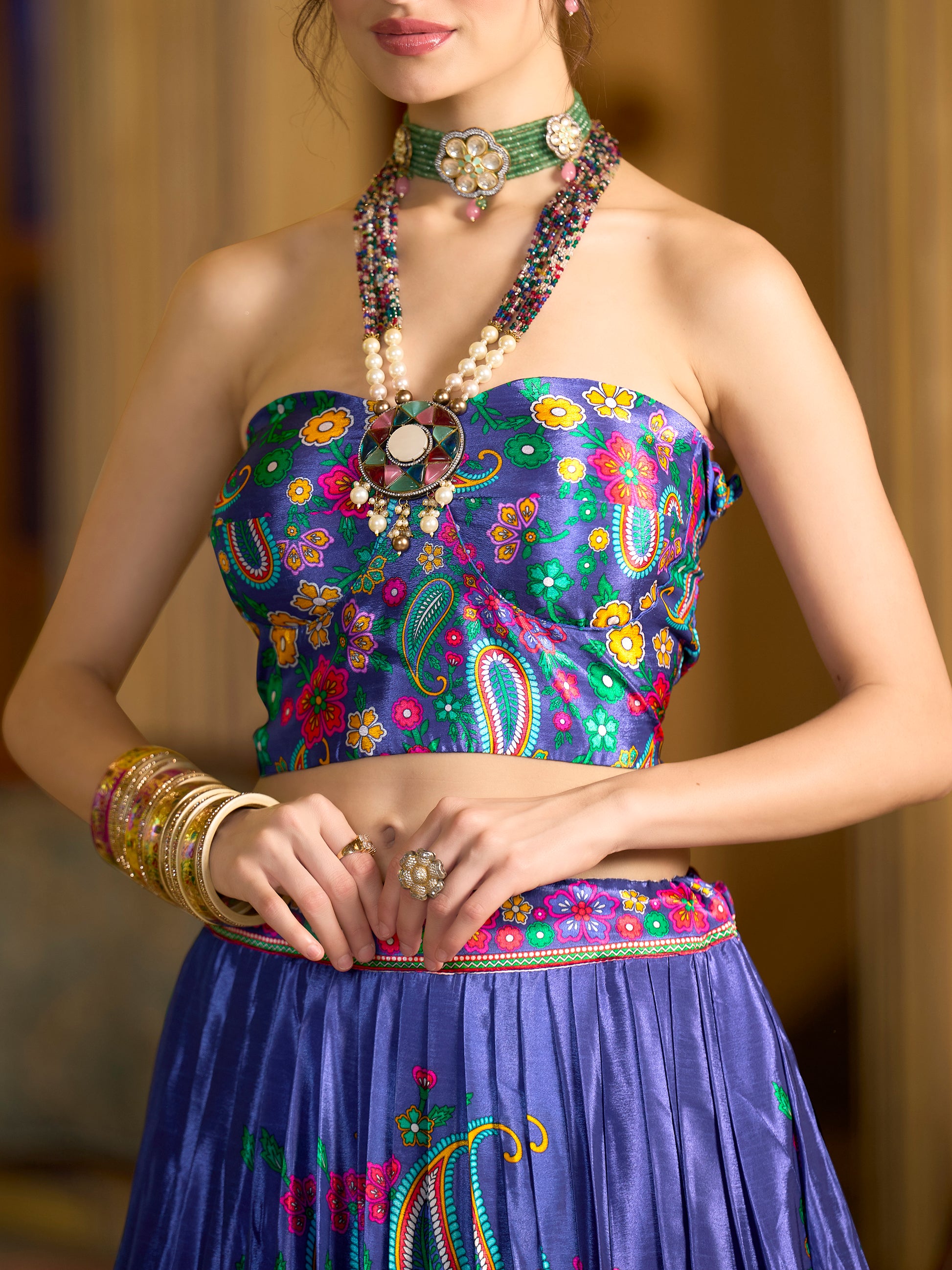 Women's Blue Chinon Lehengas