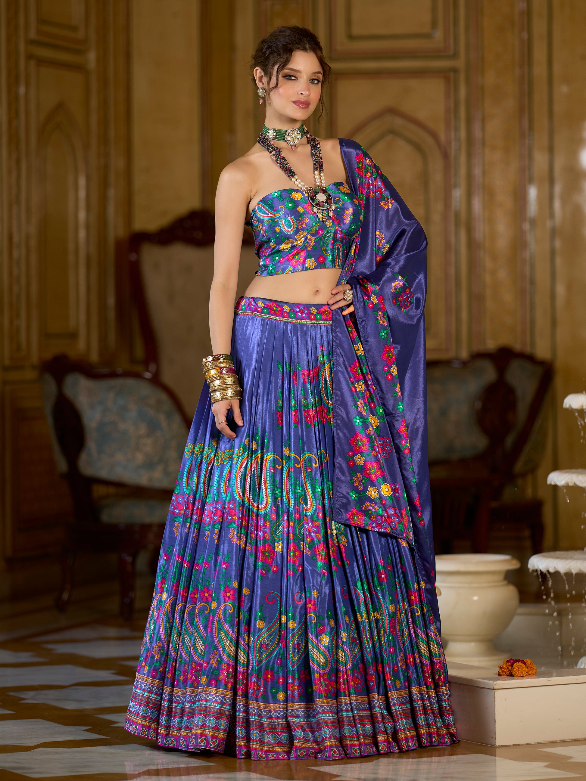 Women's Blue Chinon Lehengas