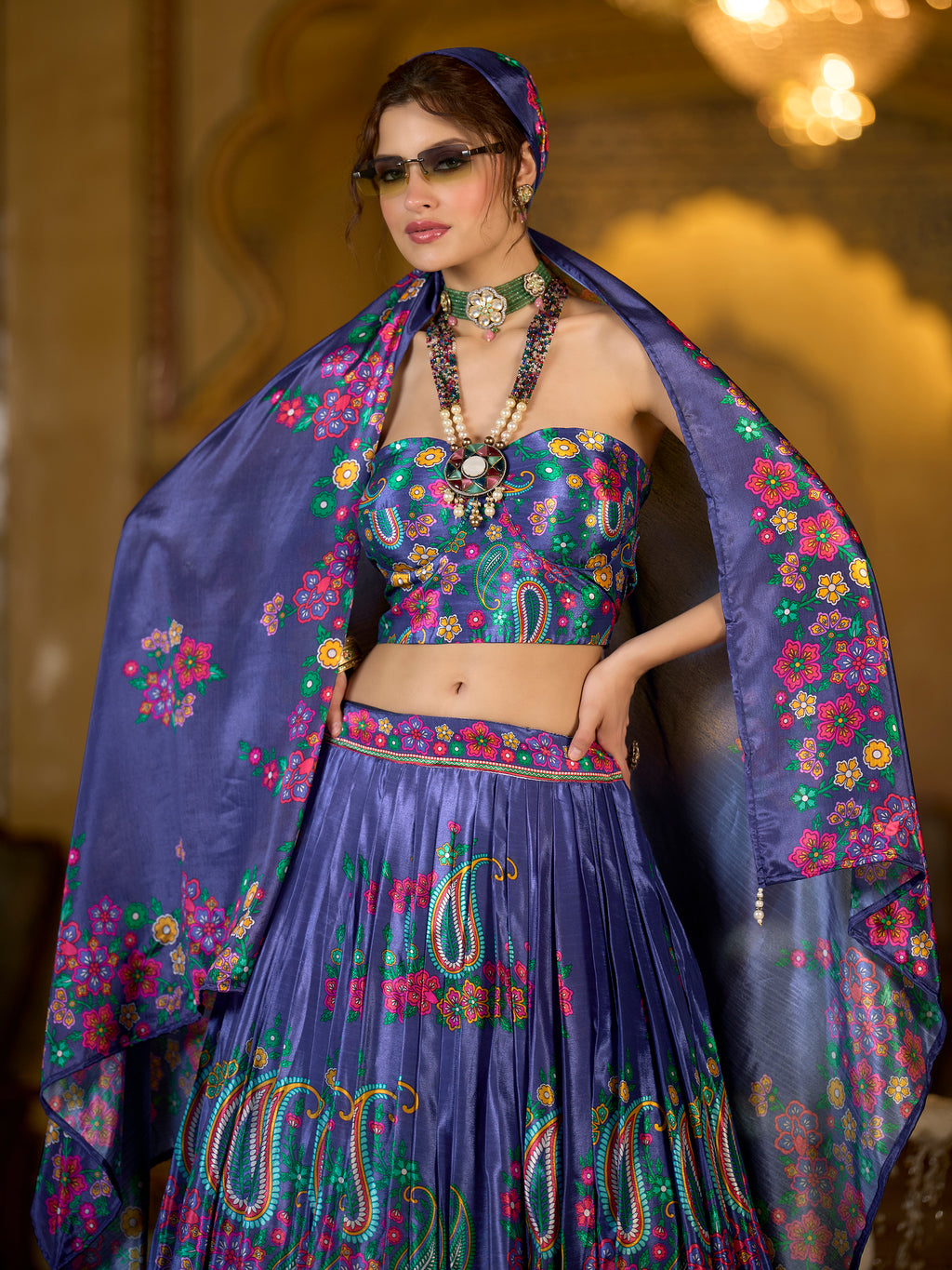 Women's Blue Chinon Lehengas