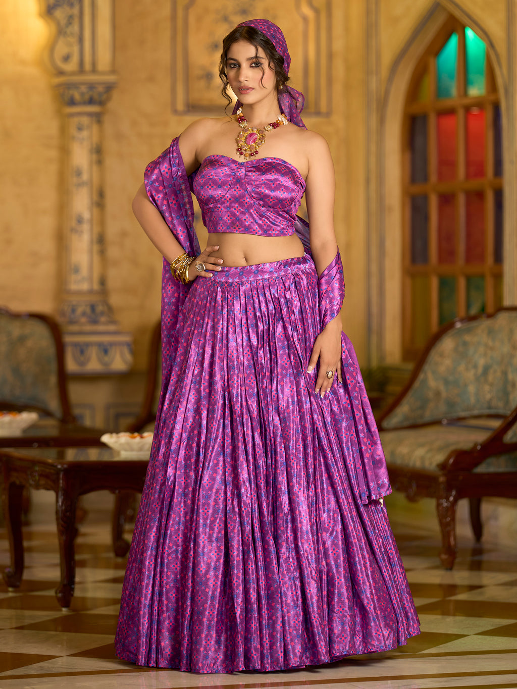 Women's Lilac Chinon Lehengas