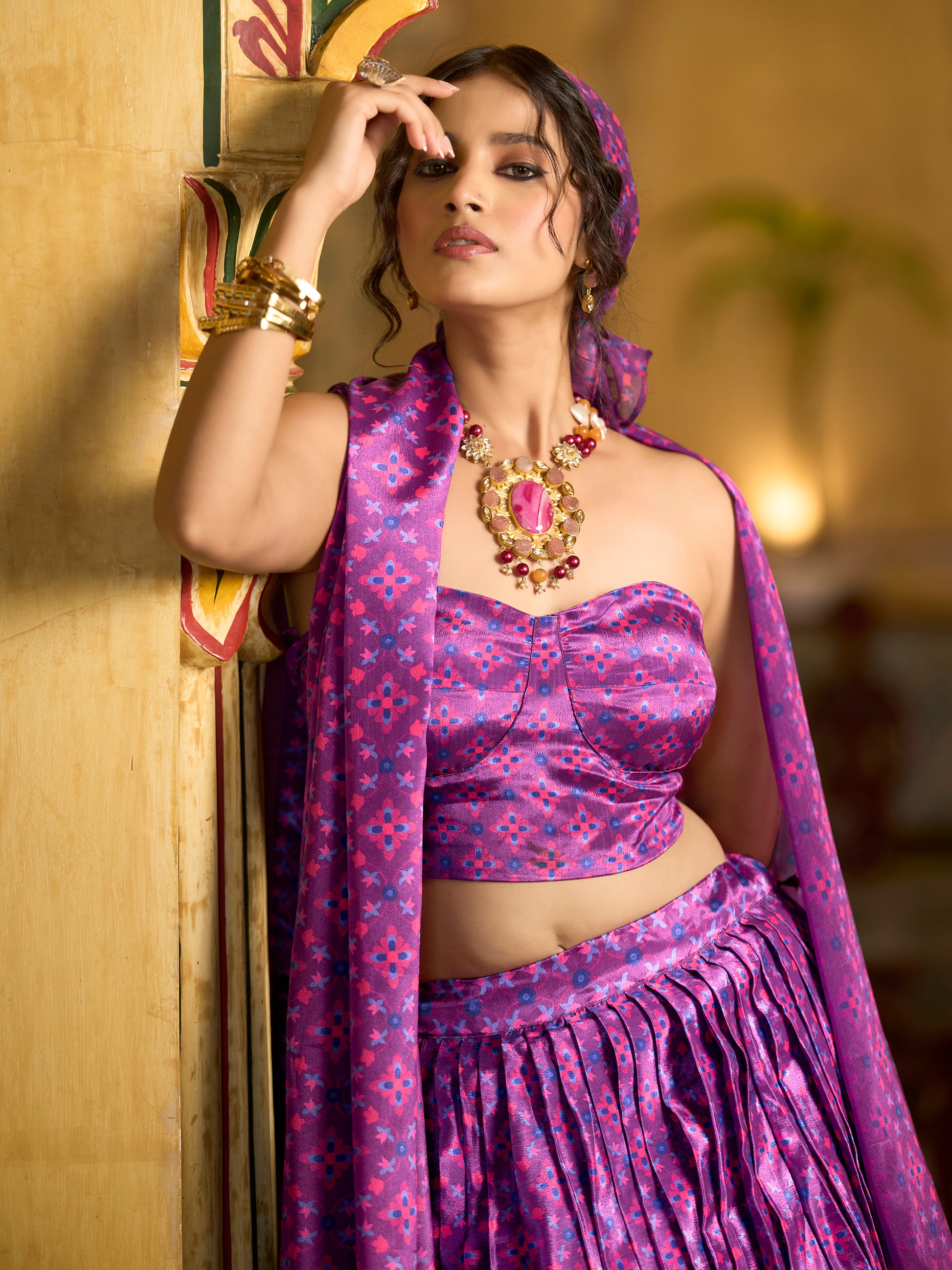 Women's Lilac Chinon Lehengas