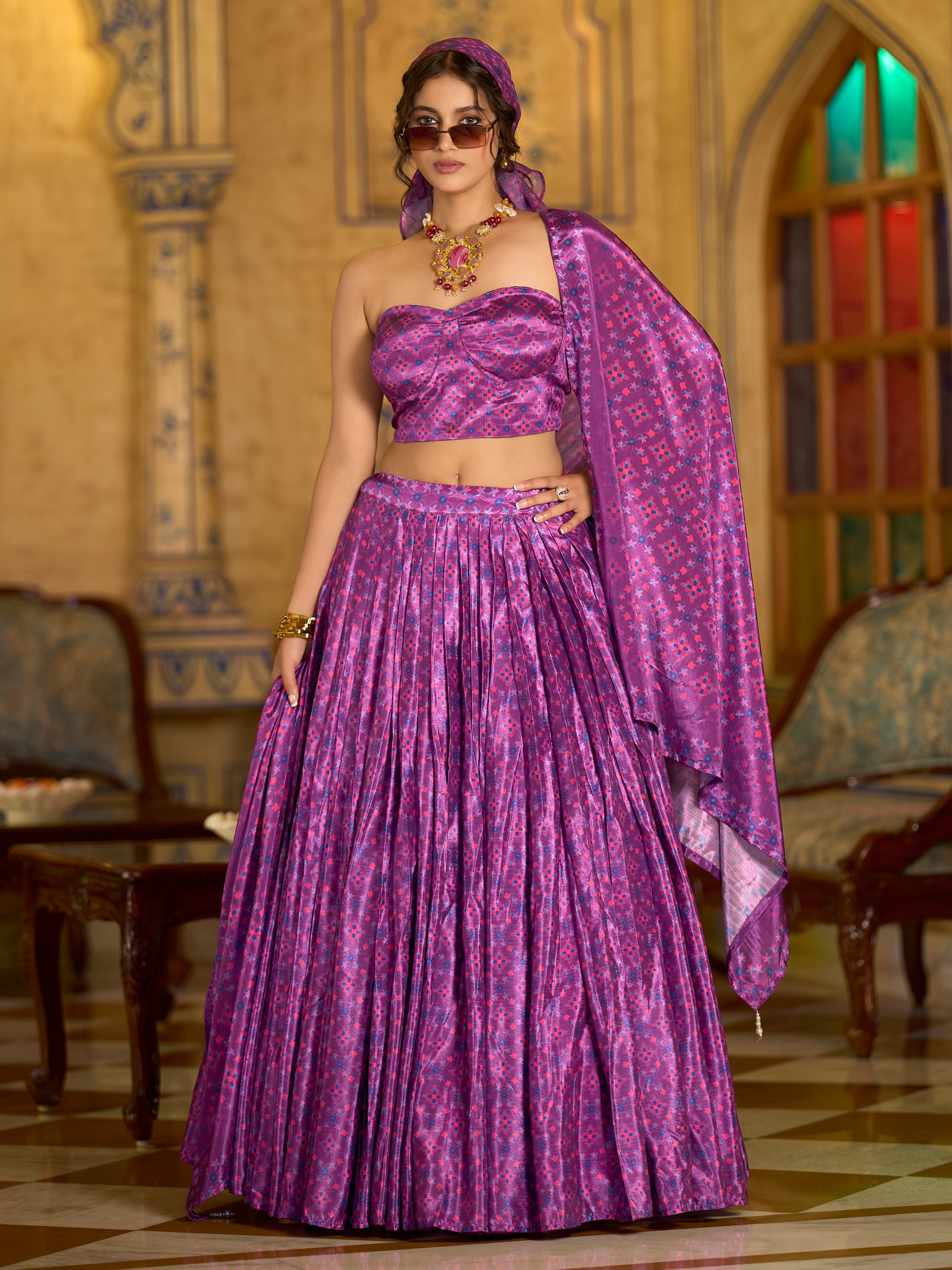 Women's Lilac Chinon Lehengas