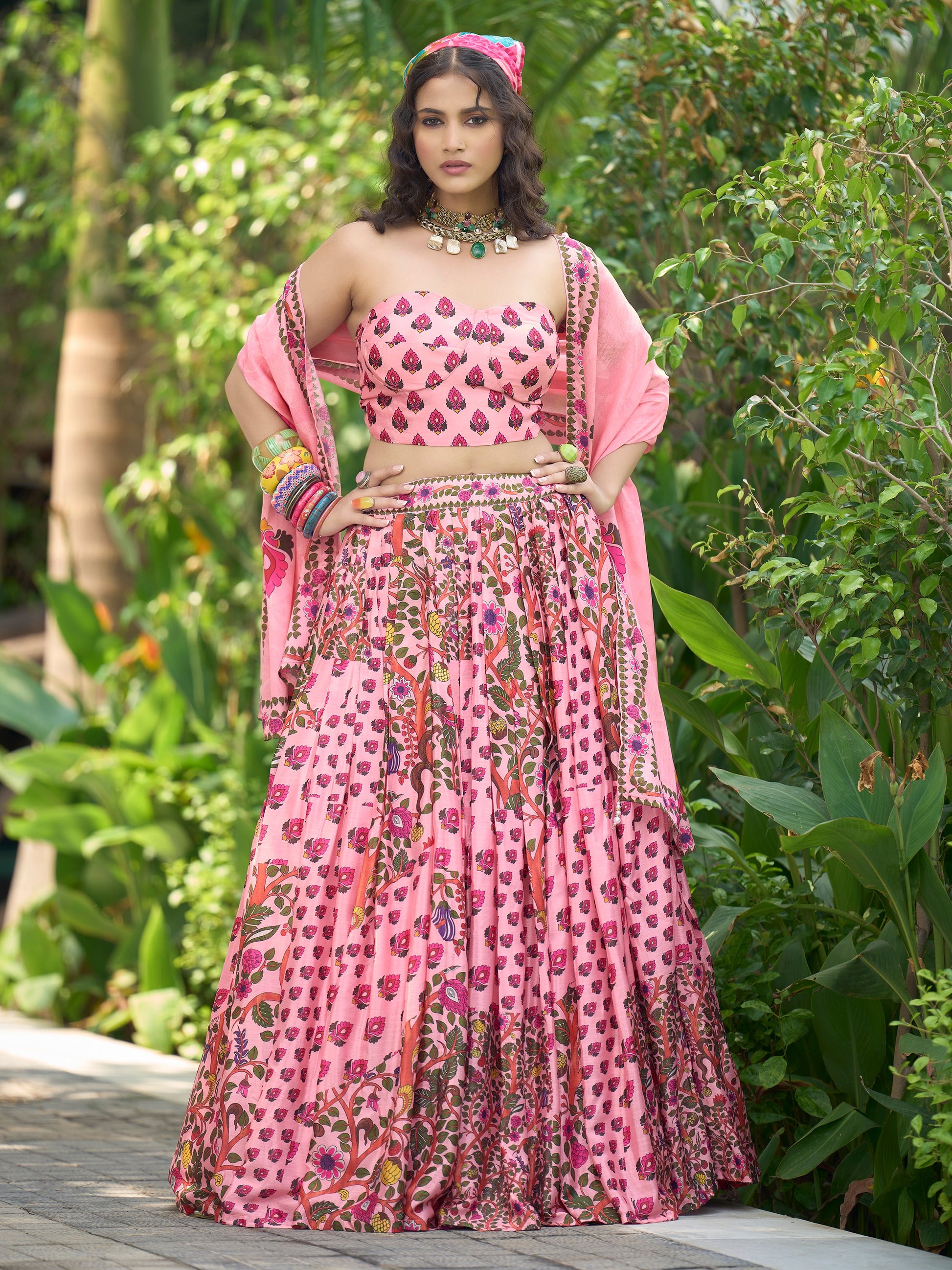 Women's Pink Chinon Lehengas