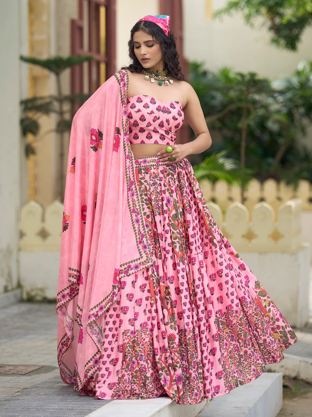 Women's Pink Chinon Lehengas