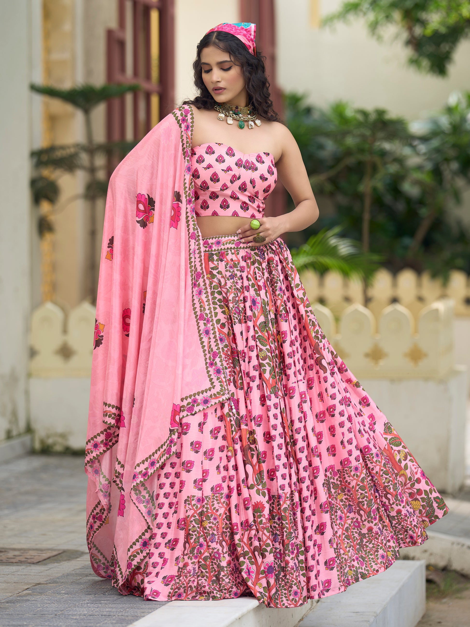 Women's Pink Chinon Lehengas