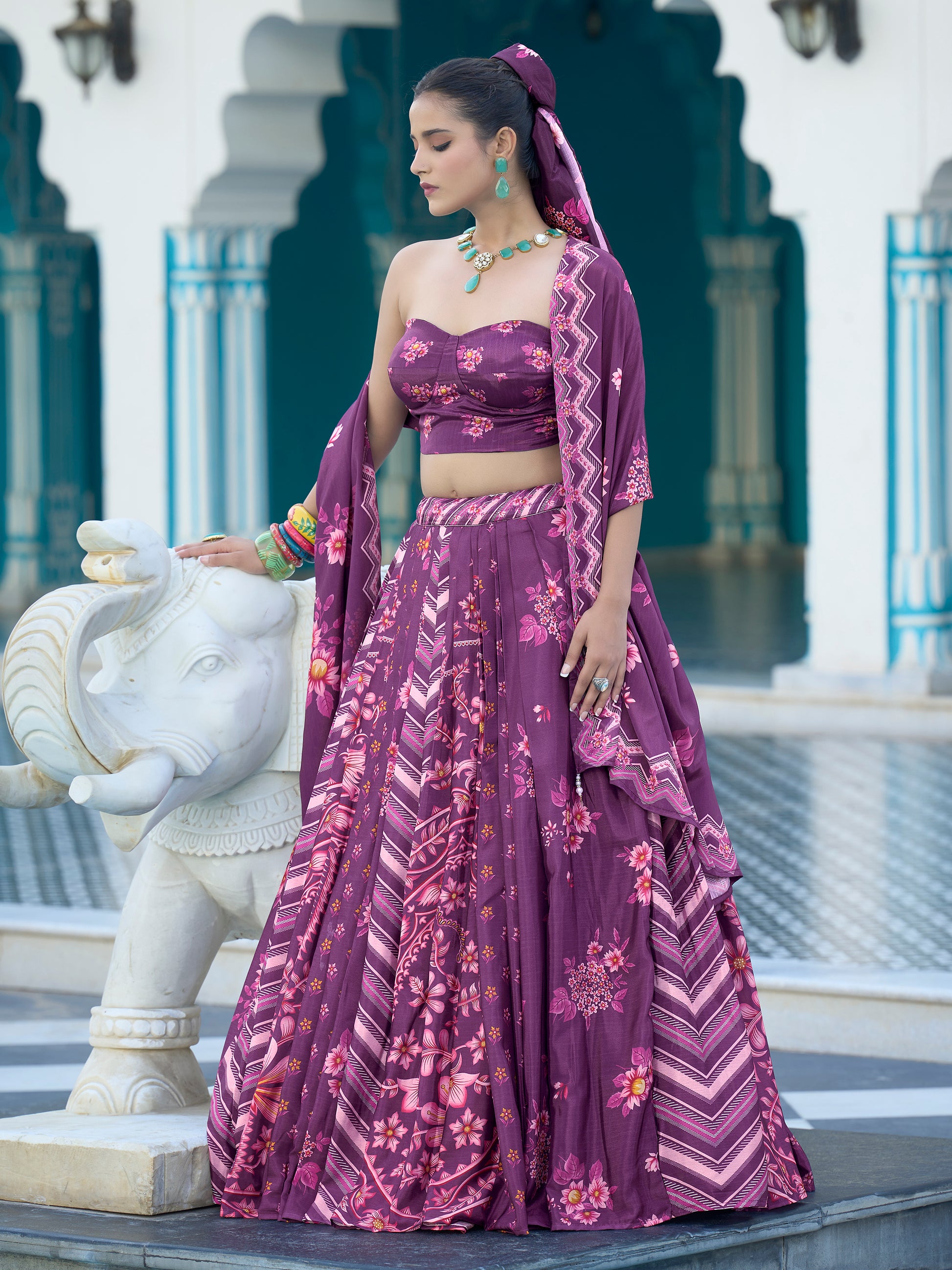 Women's Purple Chinon Lehengas