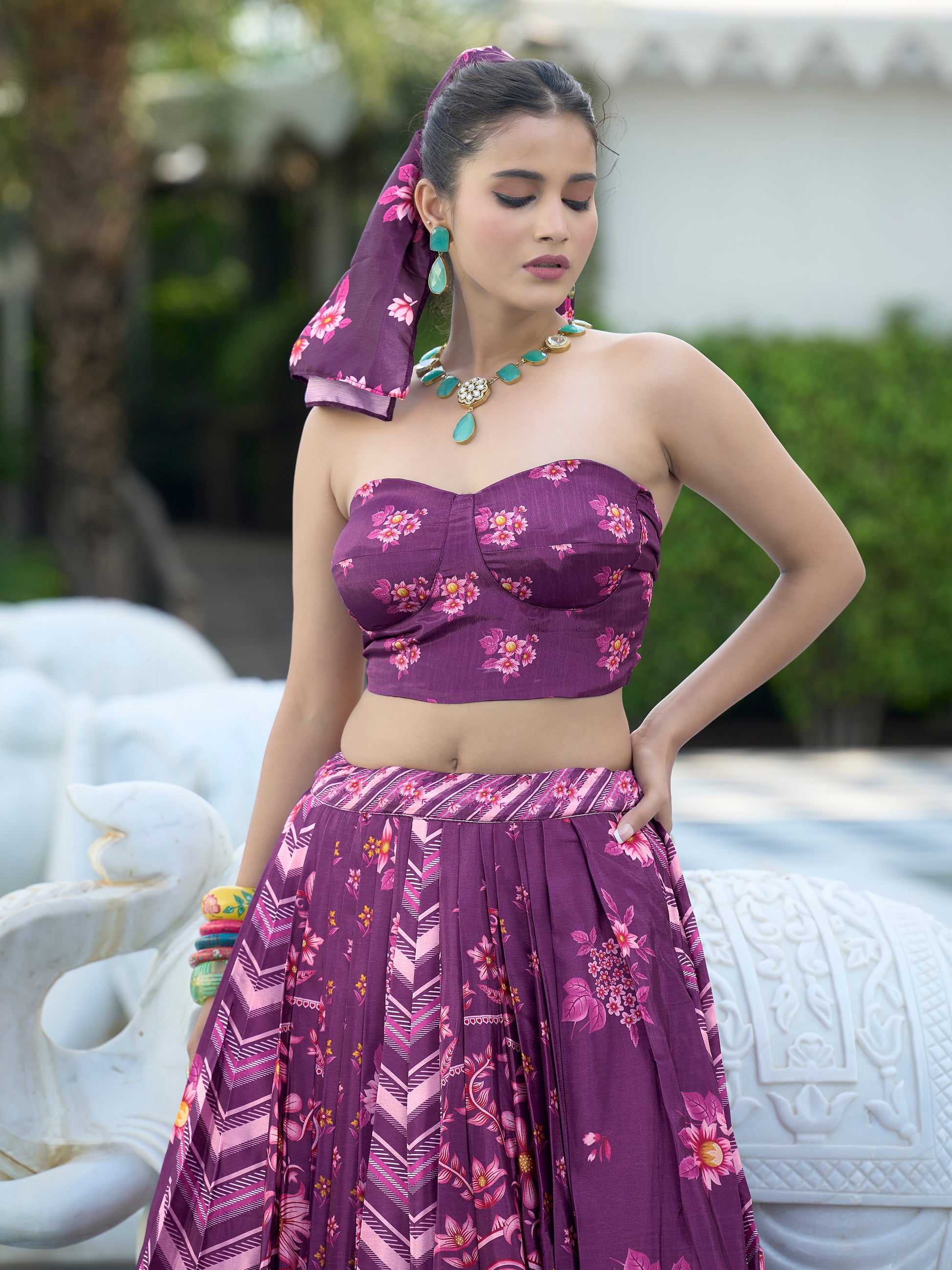 Women's Purple Chinon Lehengas
