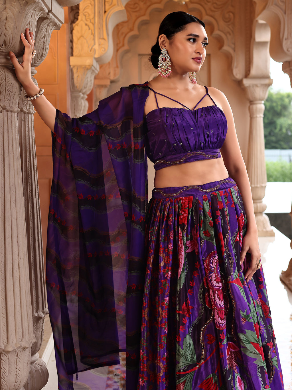 Chinon Printed With Siroski Work Purple Lehenga Choli