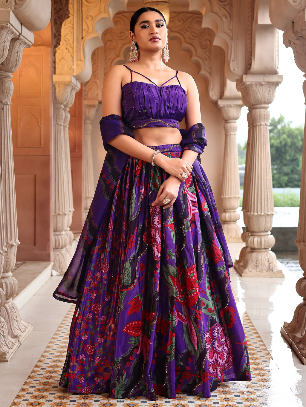 Chinon Printed With Siroski Work Purple Lehenga Choli