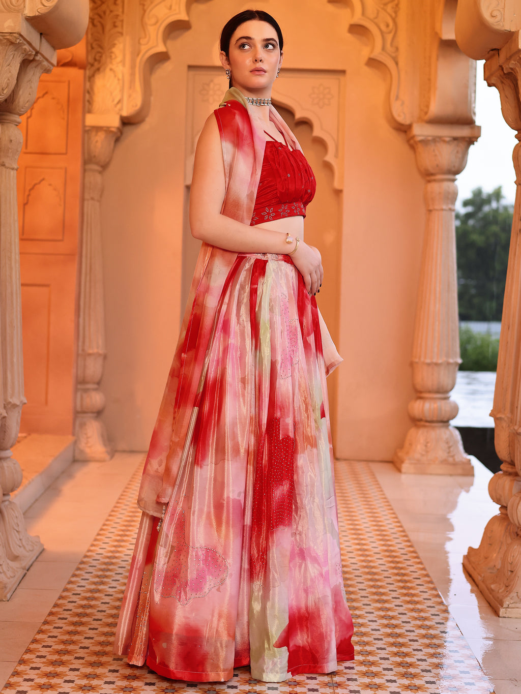 Chinon Printed With Siroski Work Red Lehenga Choli