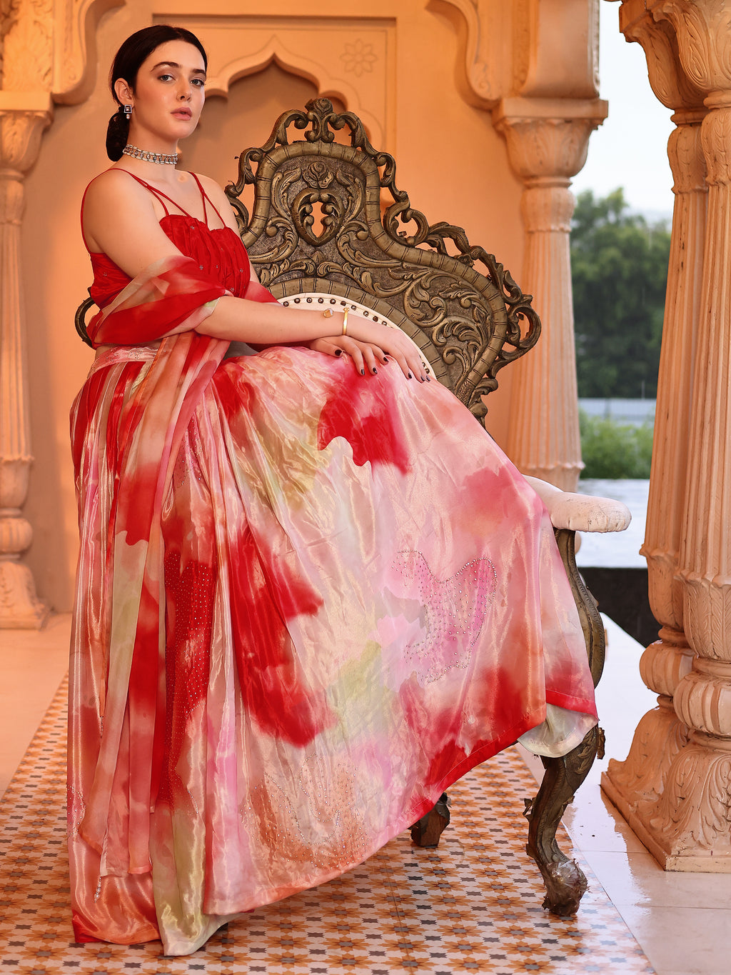 Chinon Printed With Siroski Work Red Lehenga Choli