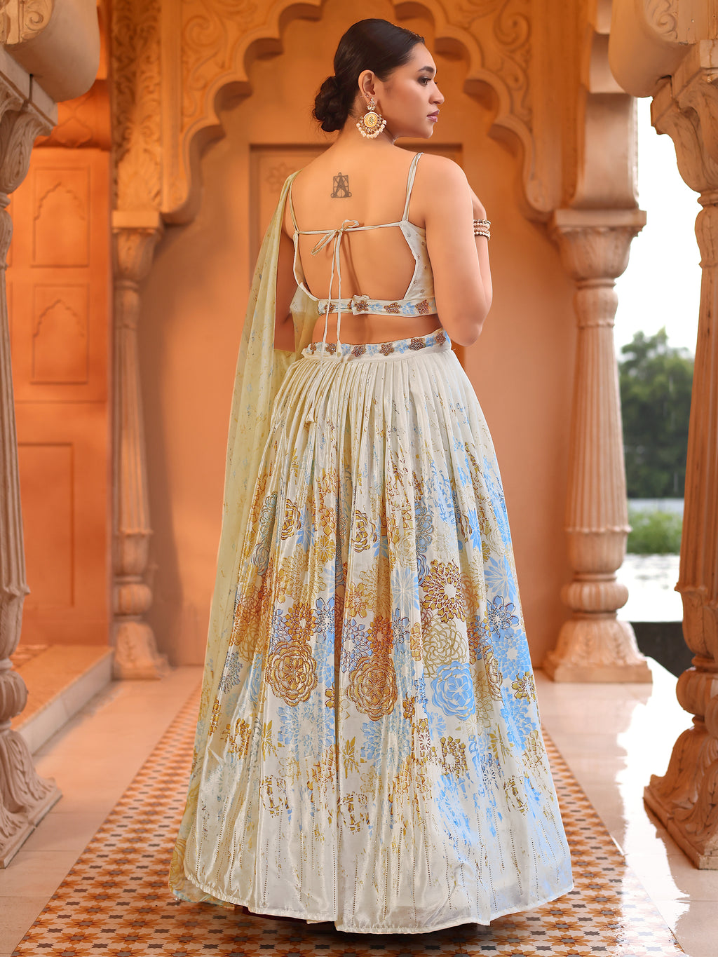 Chinon Printed With Siroski Work Yellow Lehenga Choli