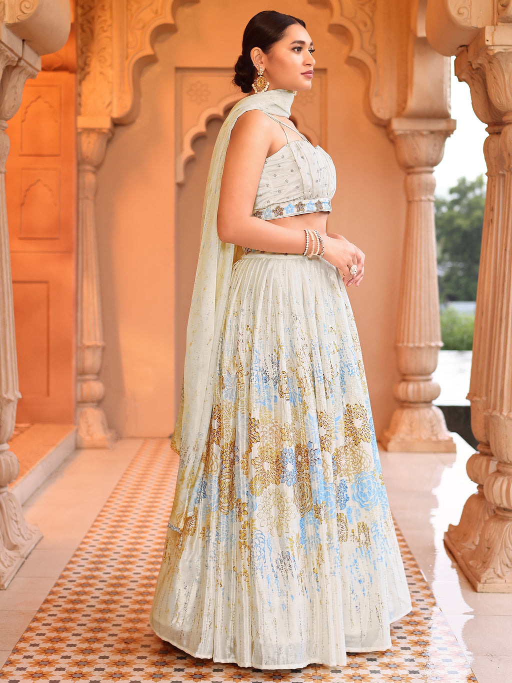 Chinon Printed With Siroski Work Yellow Lehenga Choli
