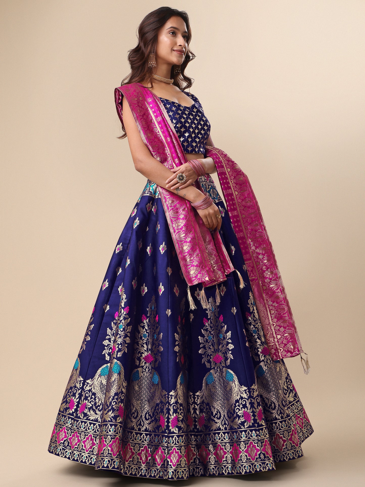 Enhanced Fish Motifs Navy Blue Lehenga Choli