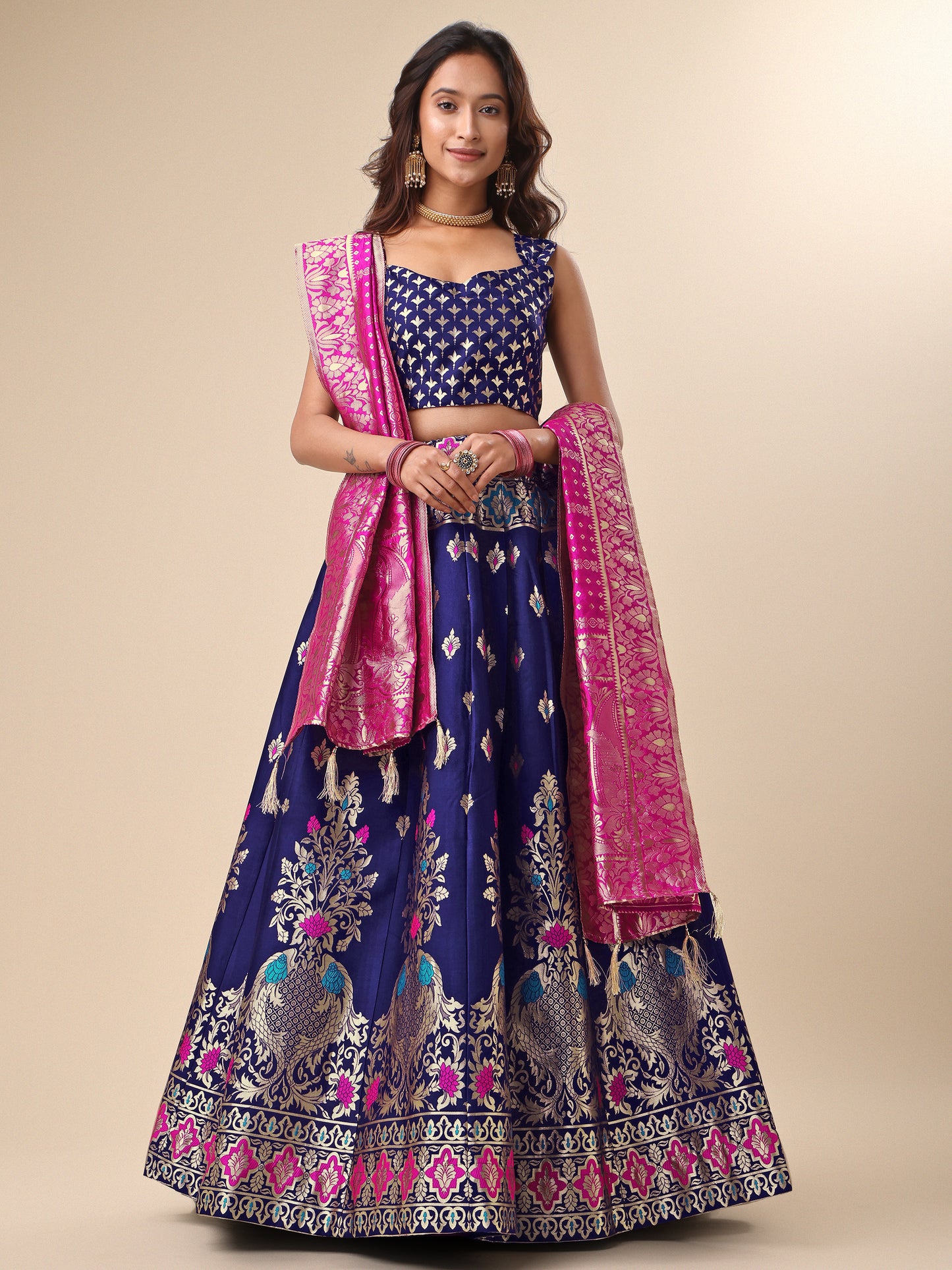 Enhanced Fish Motifs Navy Blue Lehenga Choli