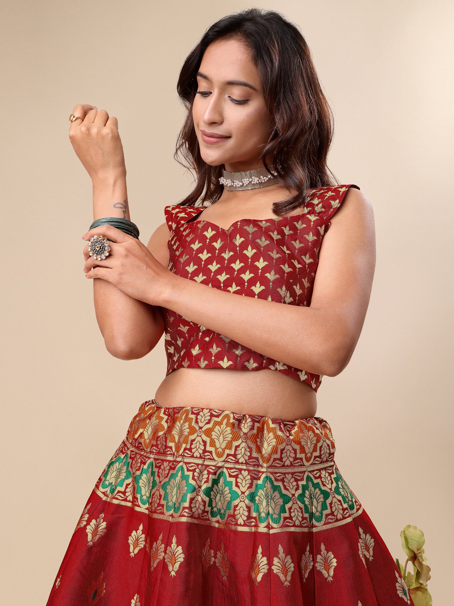 Enhanced Fish Motifs Red Lehenga Choli