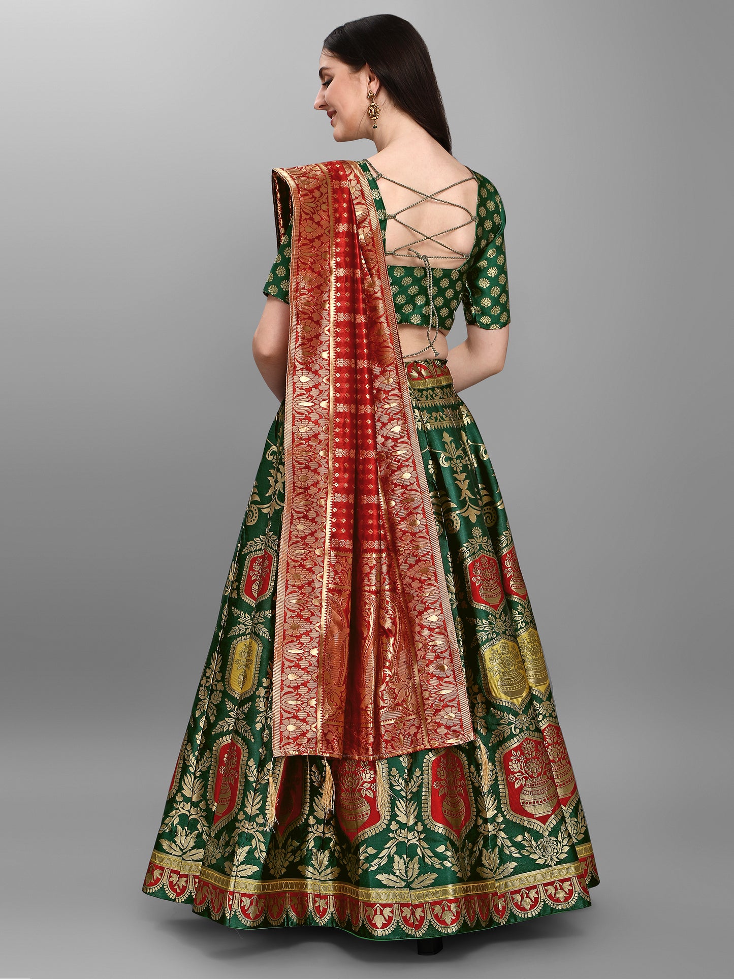 Embellished Woven Kalidar Dark Green Lehenga Choli