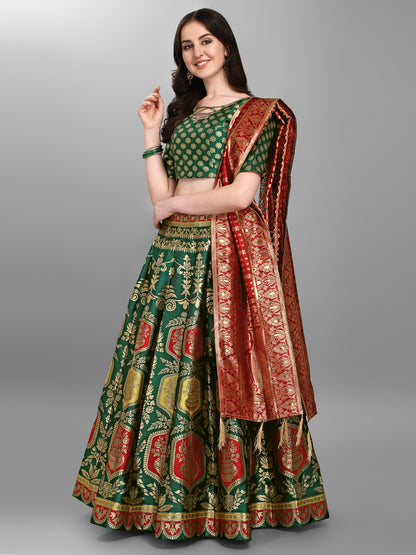 Embellished Woven Kalidar Dark Green Lehenga Choli