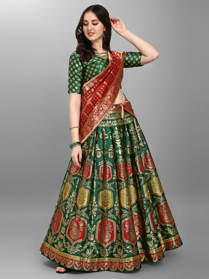 Embellished Woven Kalidar Dark Green Lehenga Choli