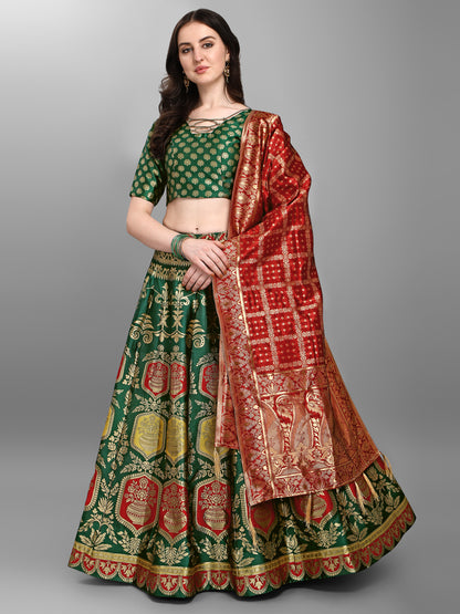 Embellished Woven Kalidar Dark Green Lehenga Choli