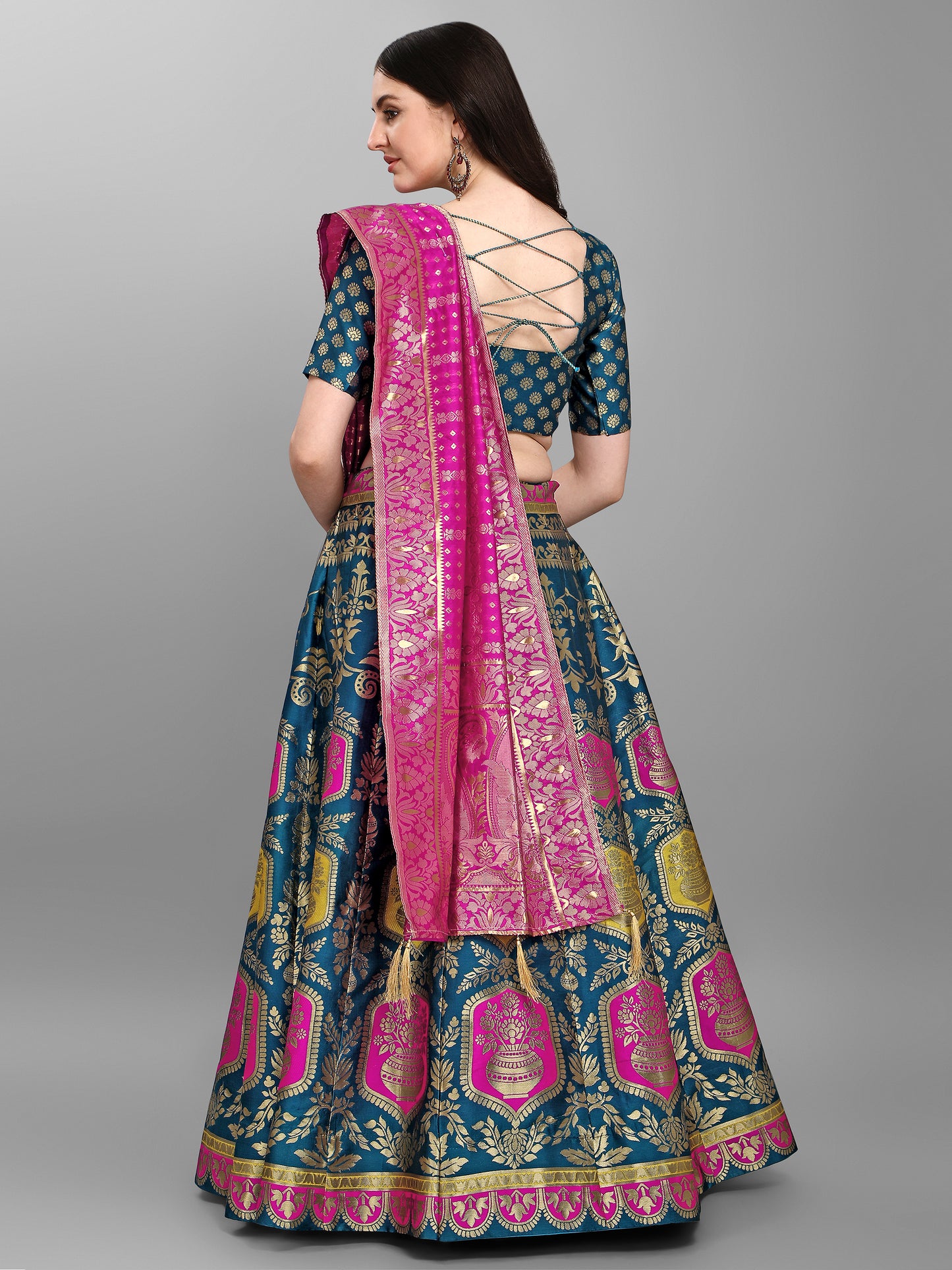 Embellished Woven Kalidar Rama Lehenga Choli