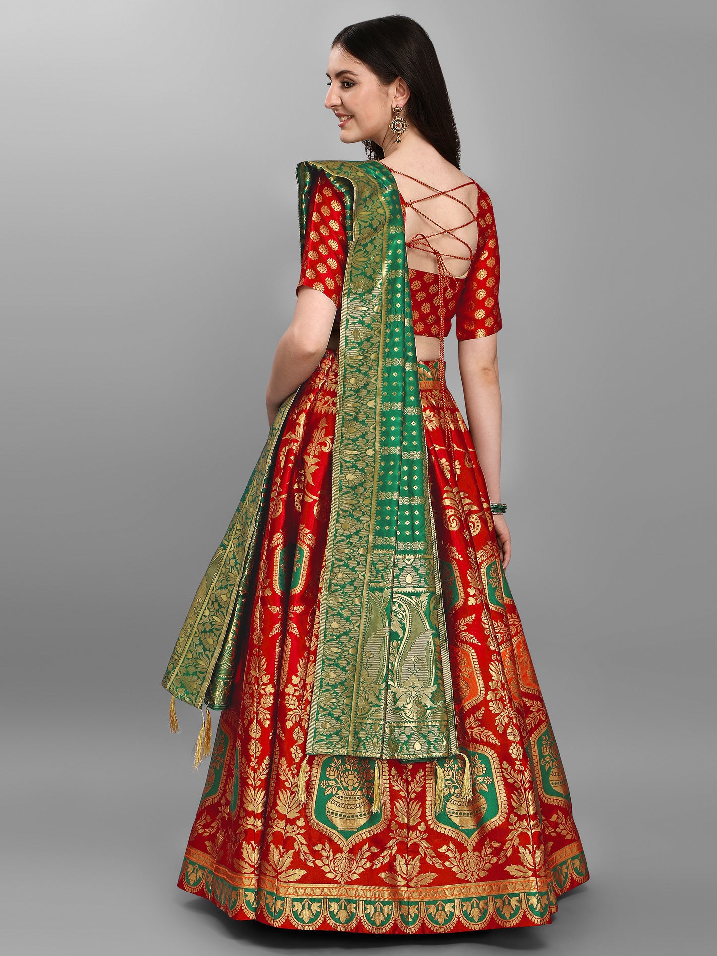 Embellished Woven Kalidar Red Lehenga Choli