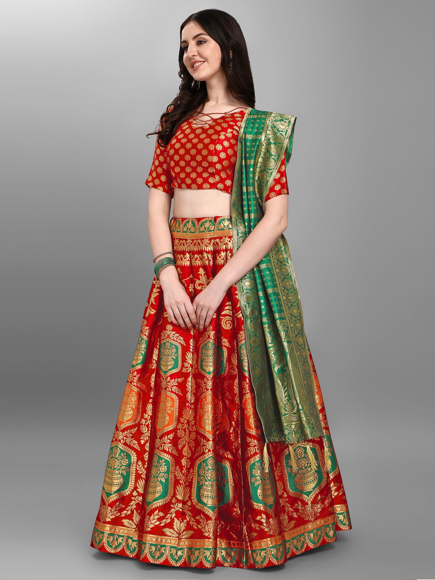 Embellished Woven Kalidar Red Lehenga Choli