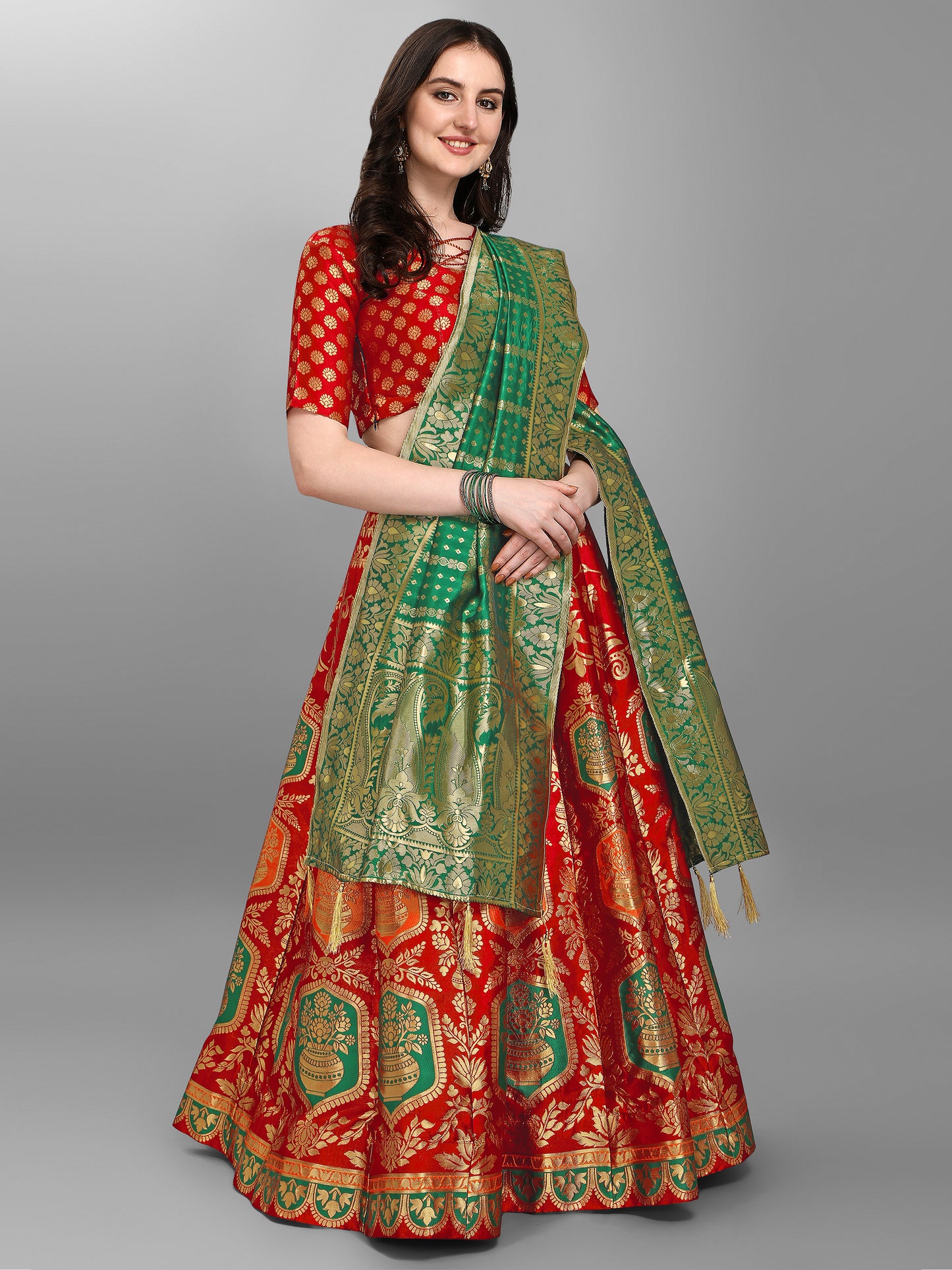 Embellished Woven Kalidar Red Lehenga Choli