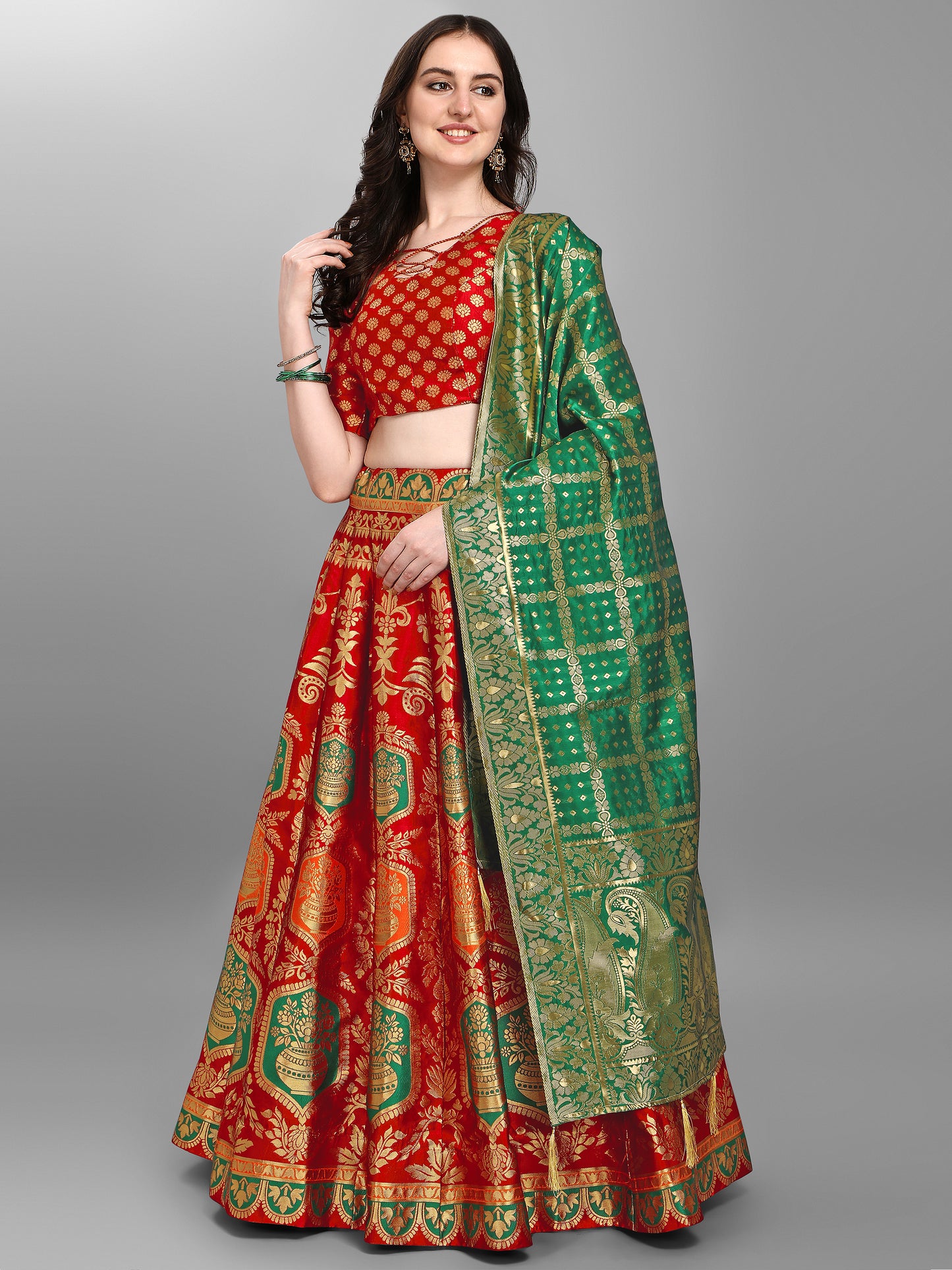 Embellished Woven Kalidar Red Lehenga Choli