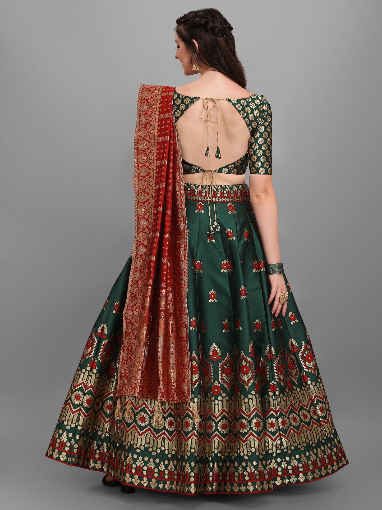 Embellished Floral Woven Dark Green Lehenga Choli