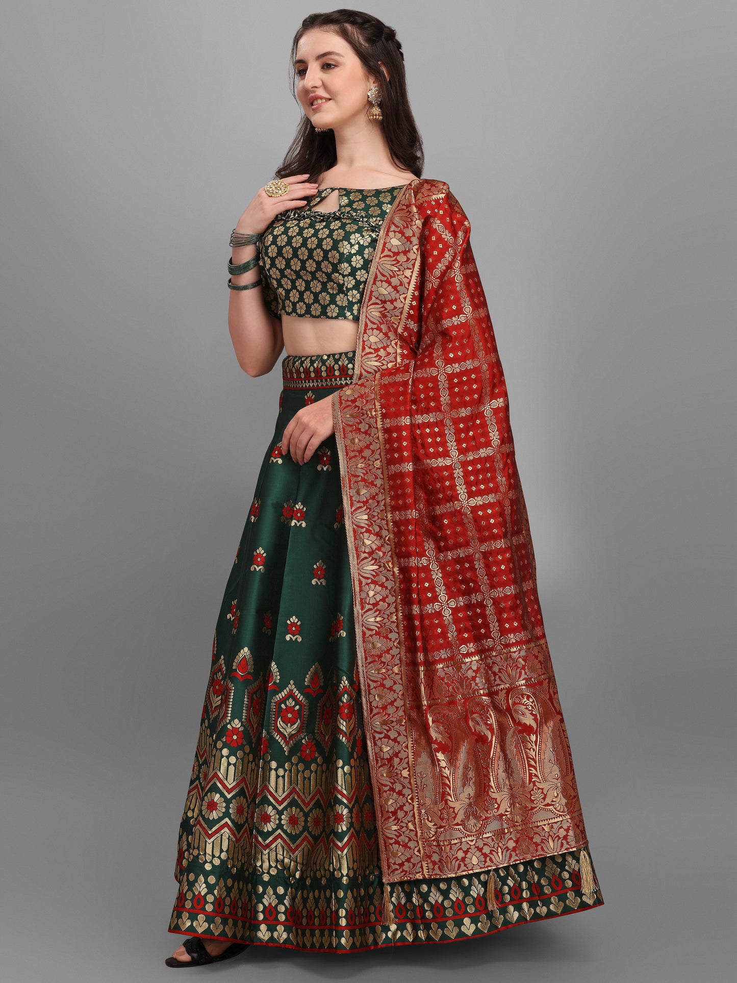 Embellished Floral Woven Dark Green Lehenga Choli